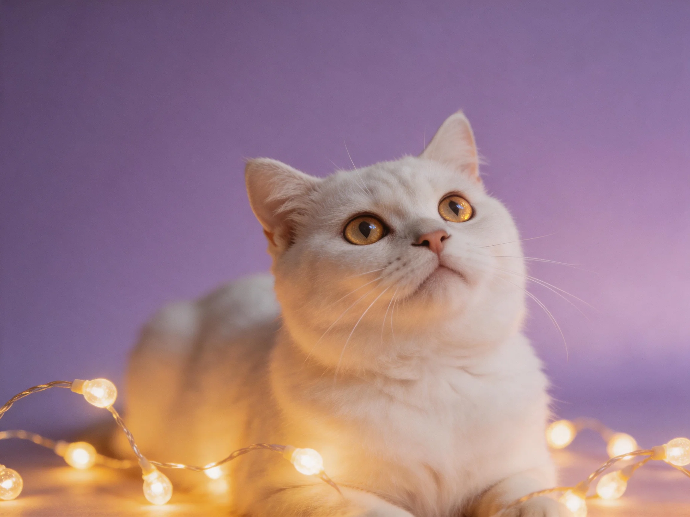 White cat with glowing string lights on purple backdrop