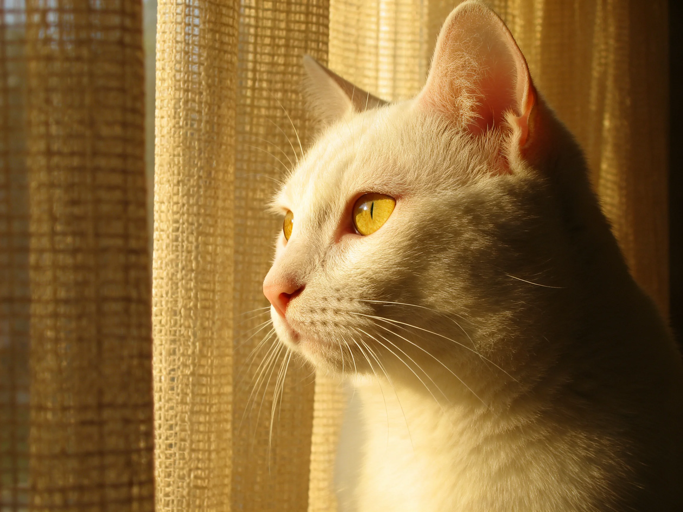 White cat with golden eyes sits near textured curtains under warm sunlight.
