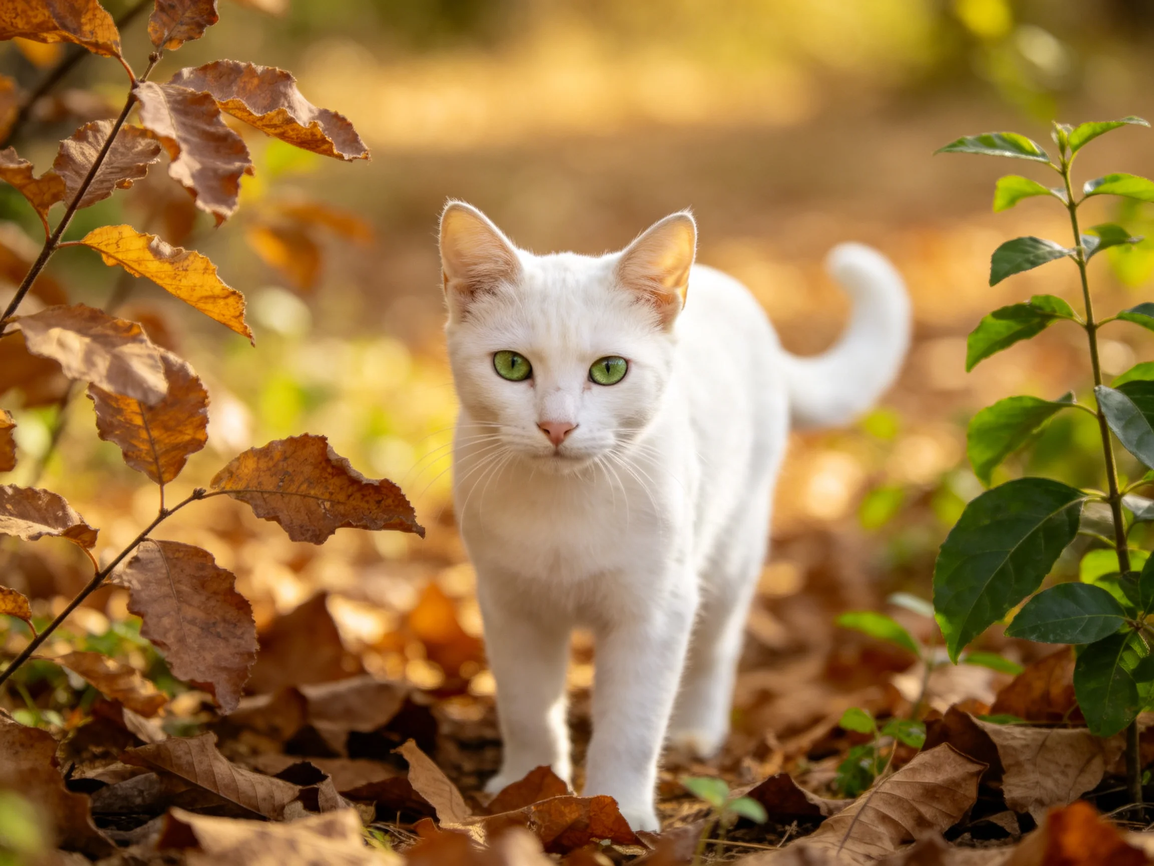A white cat with green eyes moves through a bed of fallen autumn leaves.