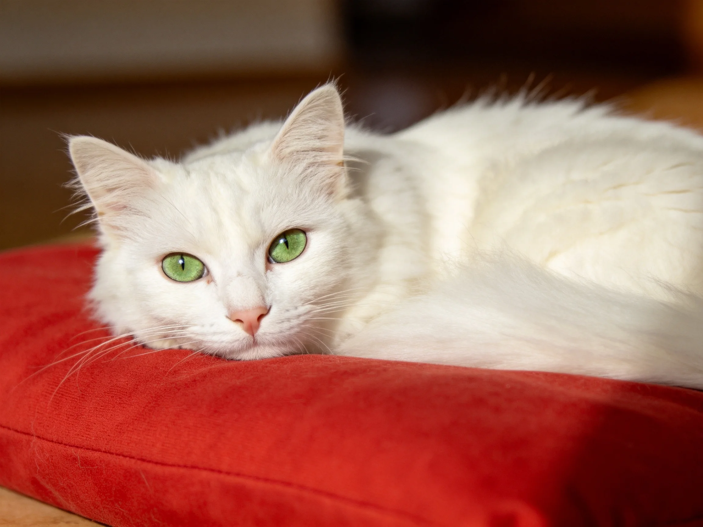 A white cat with green eyes relaxes atop a red cushion.