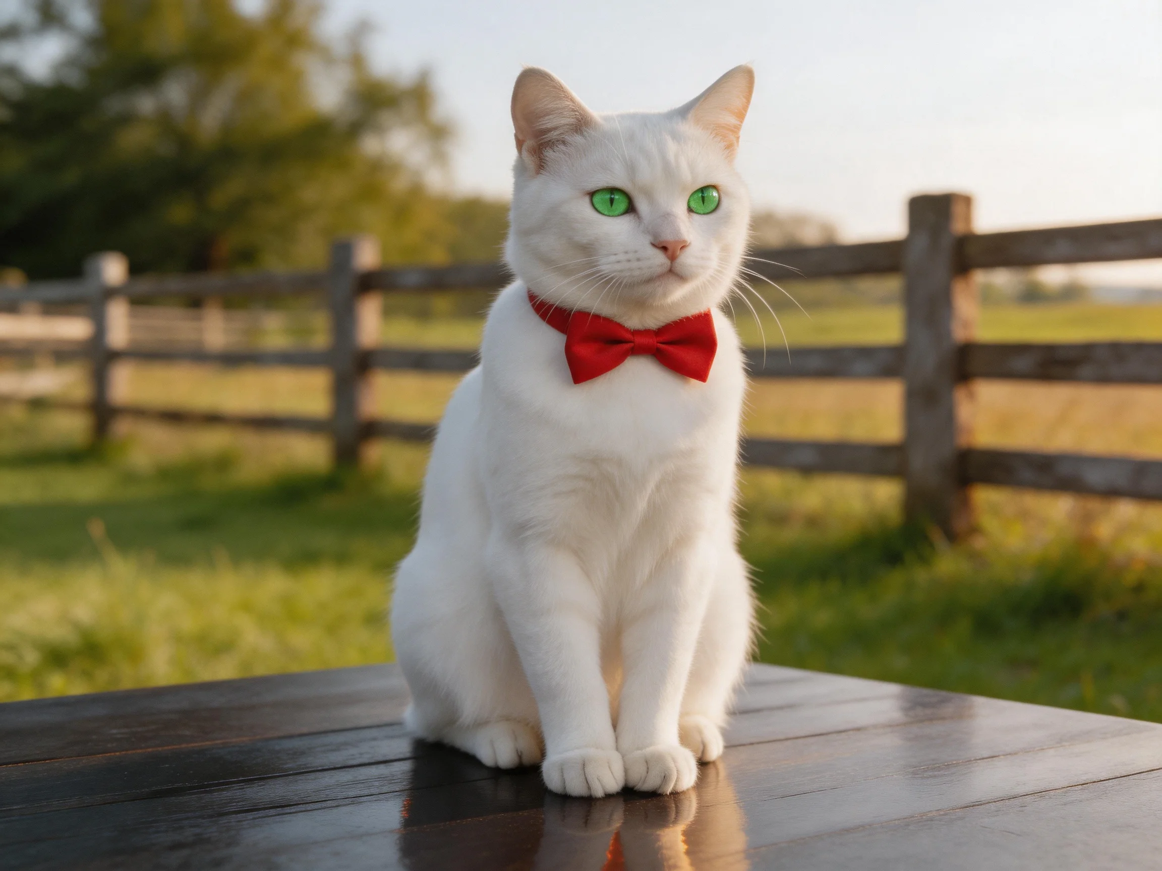 White cat with green eyes wearing a red bow tie near a wooden fence