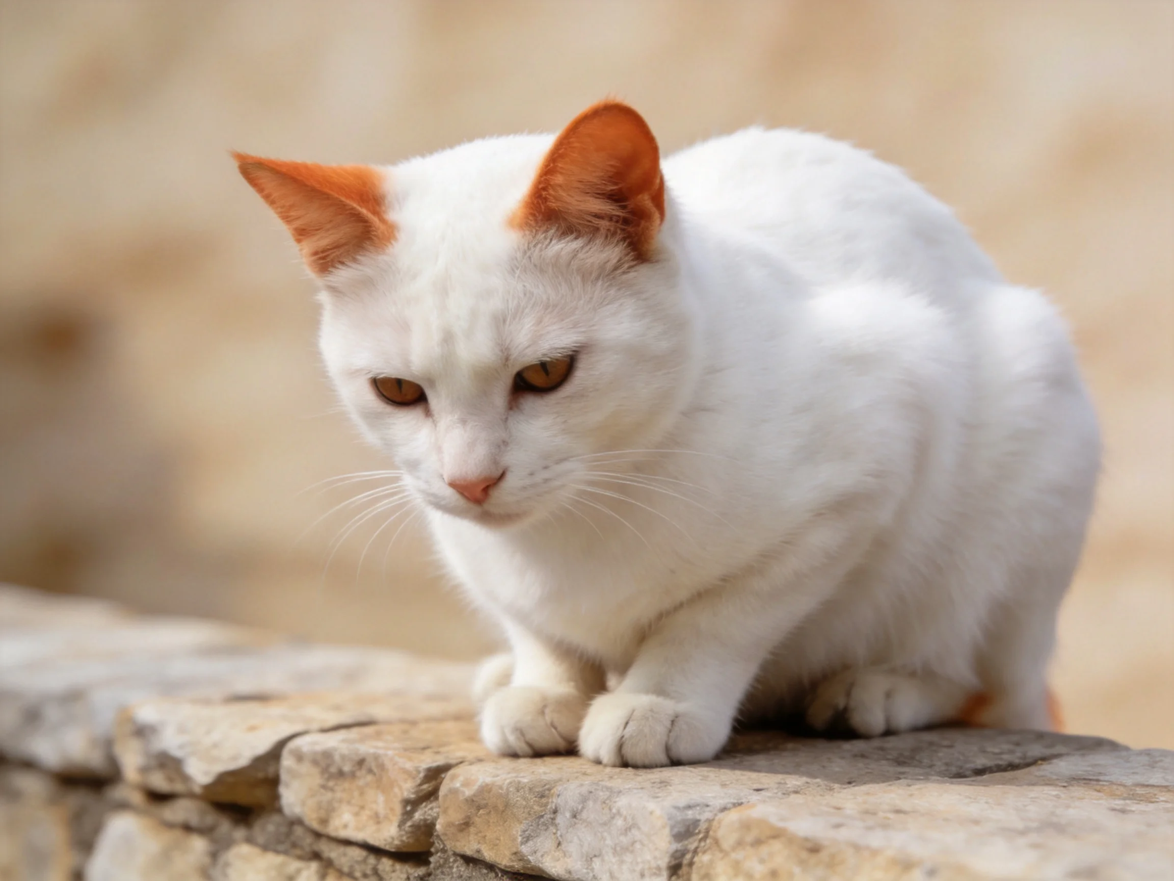 White cat with orange ears crouching on stone ledge