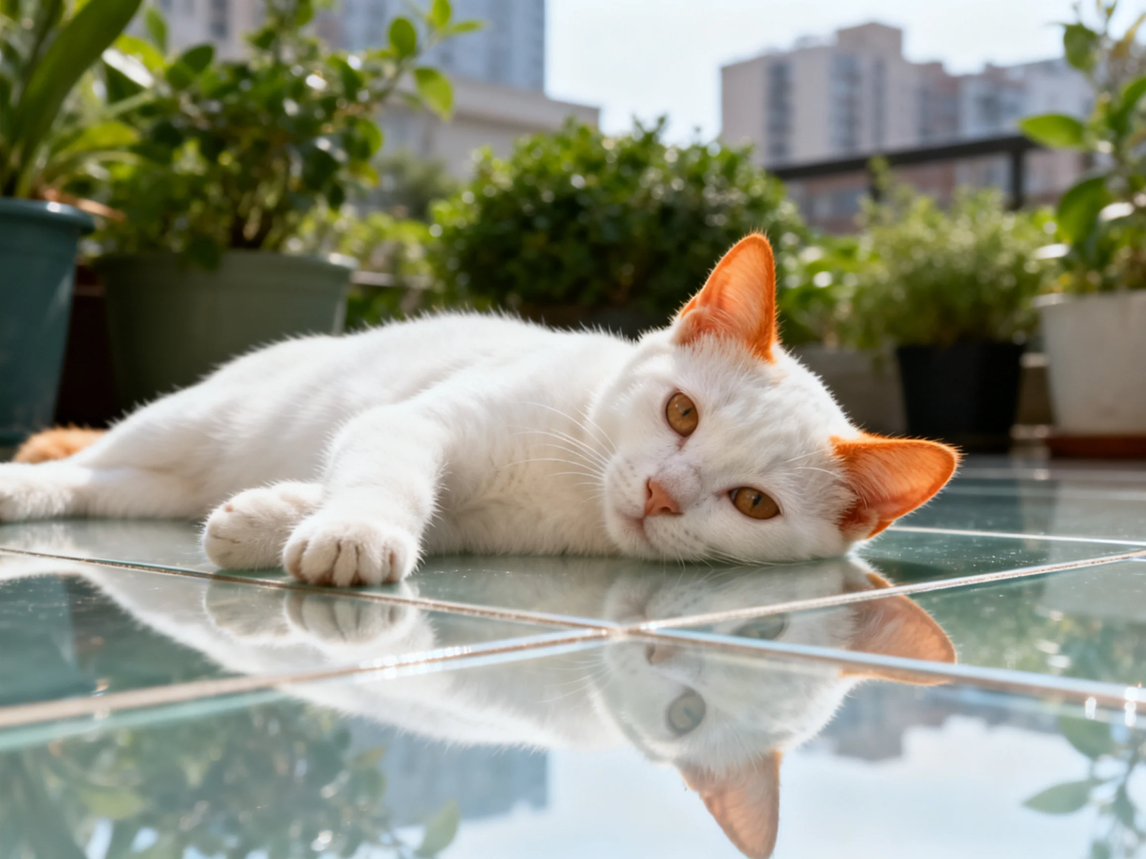 White cat with orange ears rests on a reflective patio among potted plants