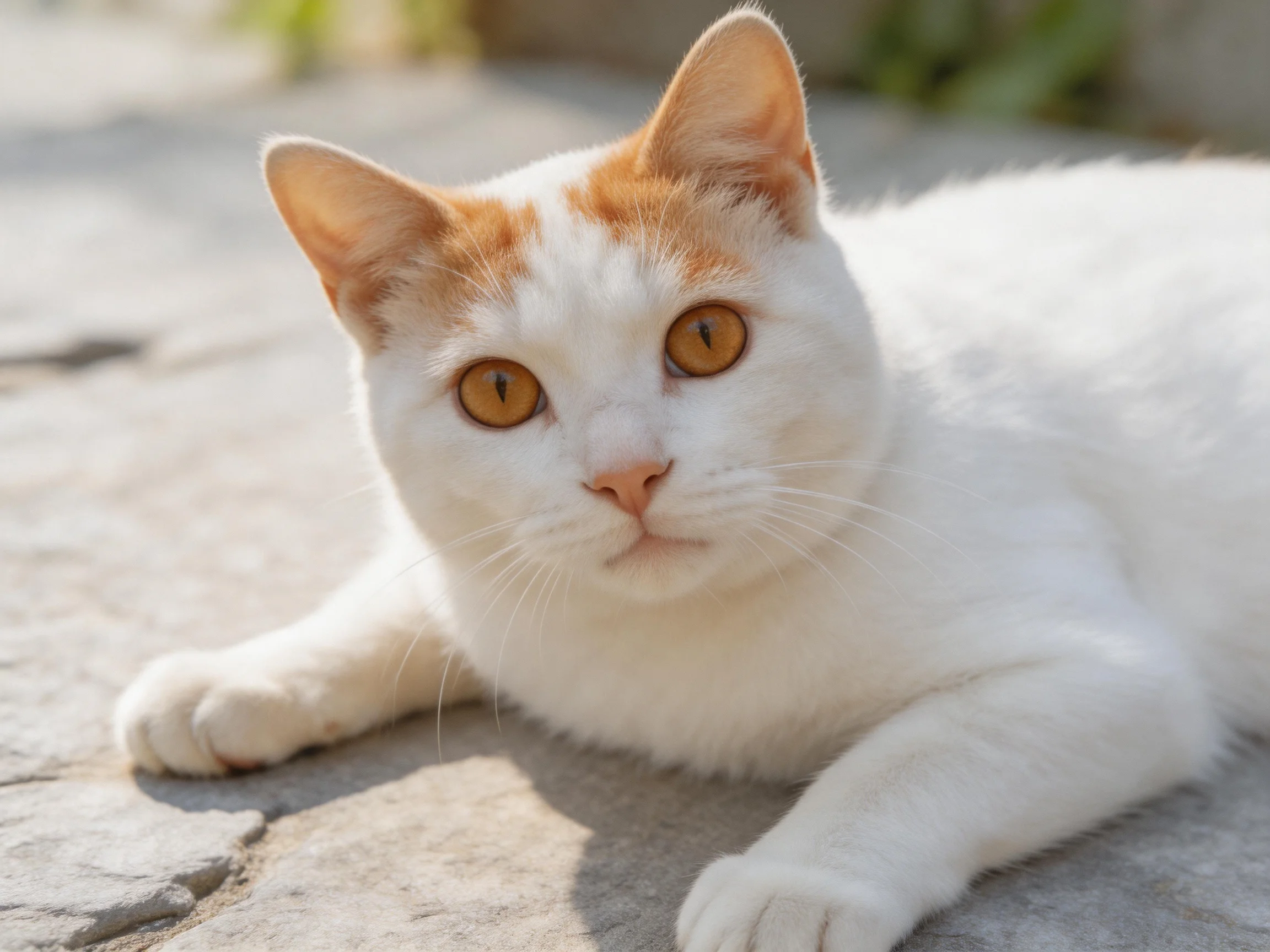 White cat with orange patches resting on stone pavement