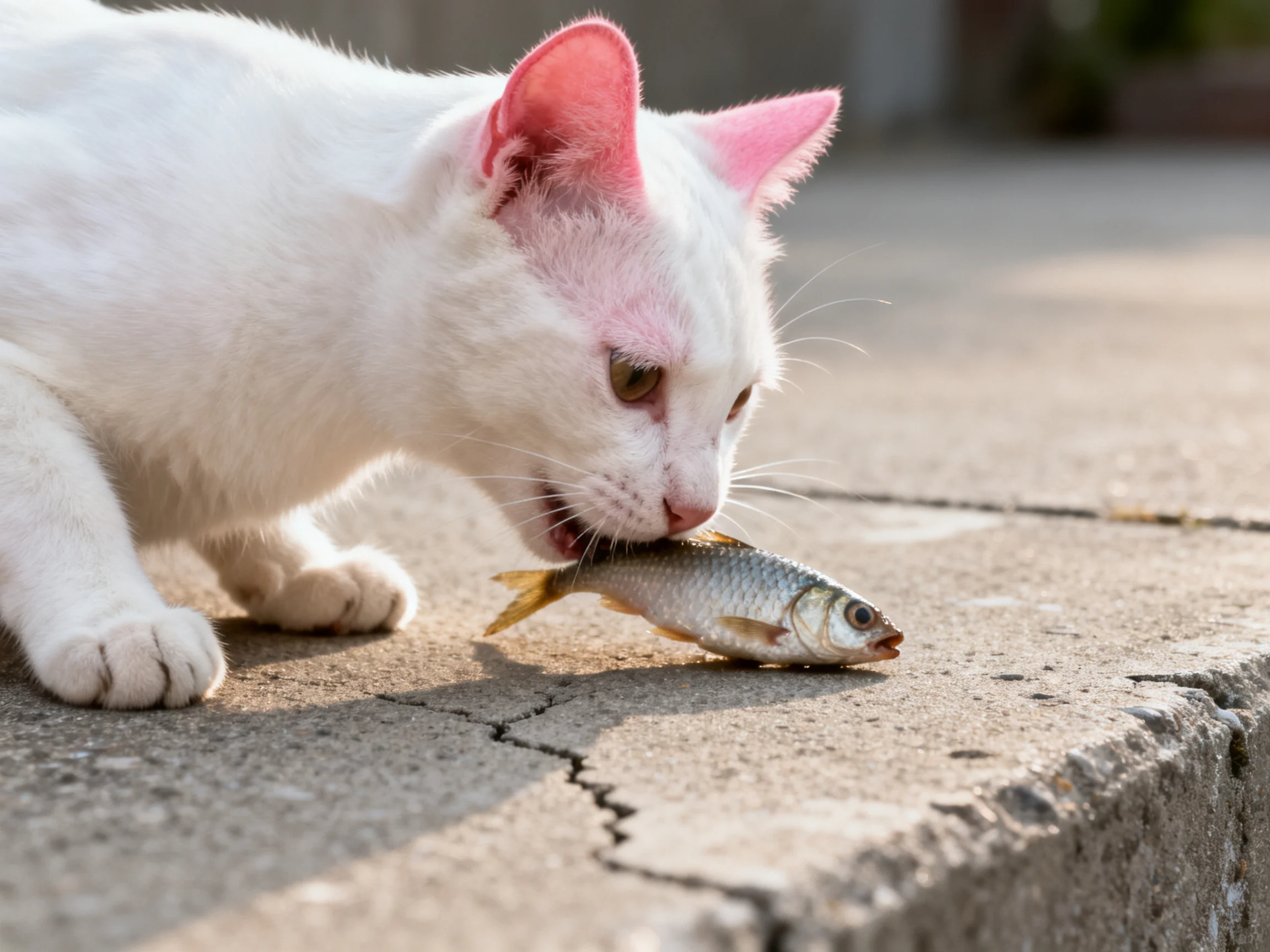 White cat with pink ears catches small silver fish