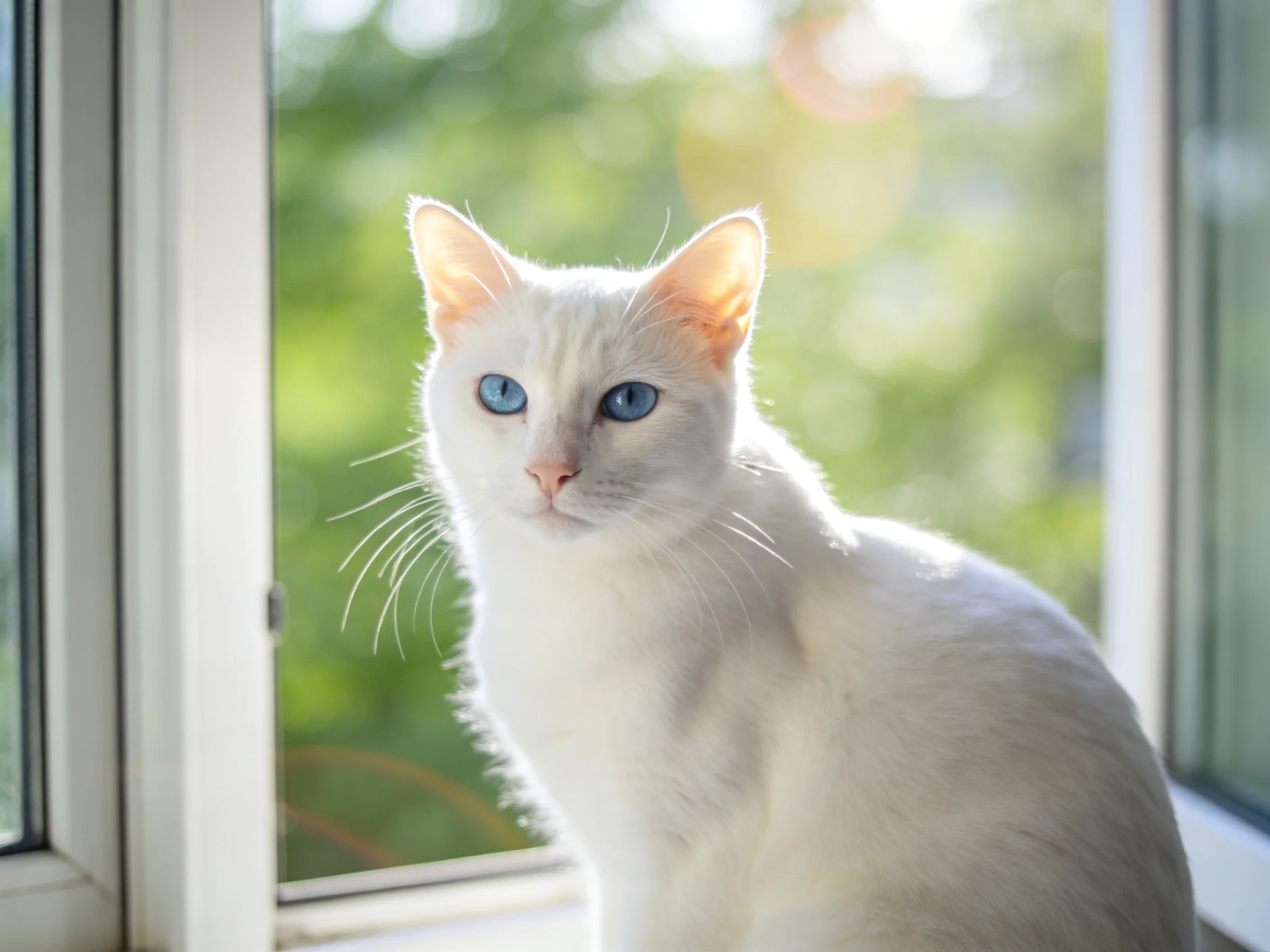 White cat with striking blue eyes near an open window