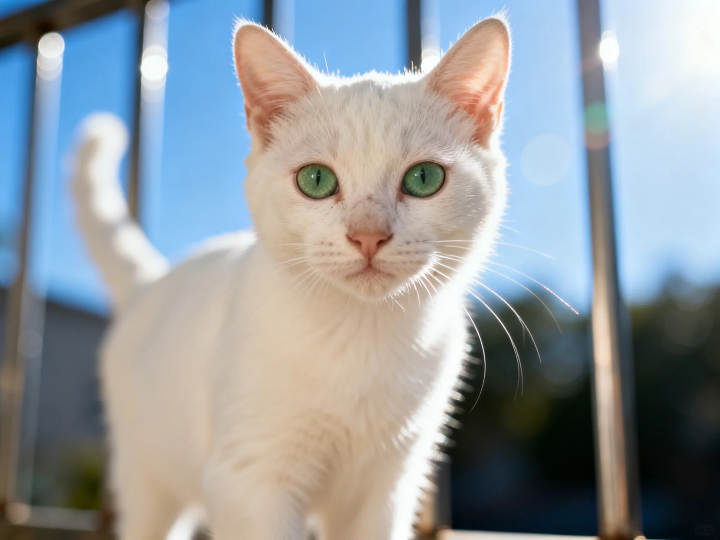 A white cat with green eyes stands near metal railings in bright daylight.