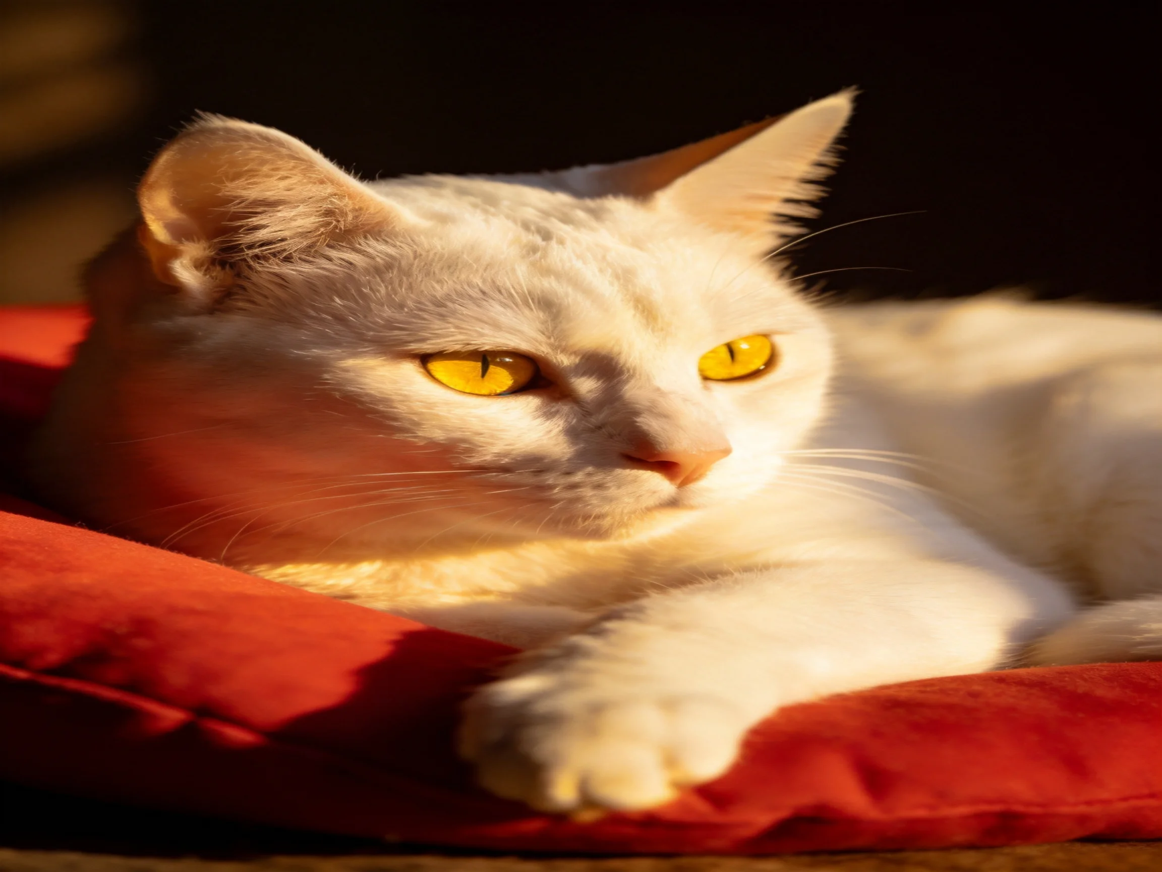 A white cat with yellow eyes relaxes on a red cushion in warm lighting.