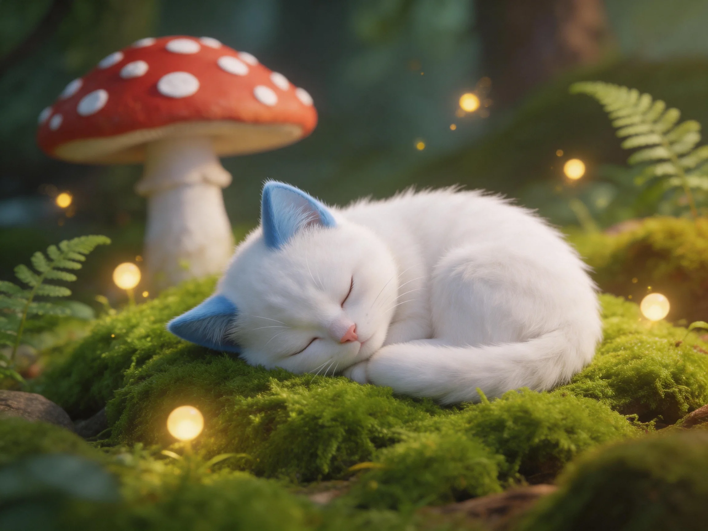 A white kitten sleeps on moss near a red-spotted mushroom in a magical forest setting.