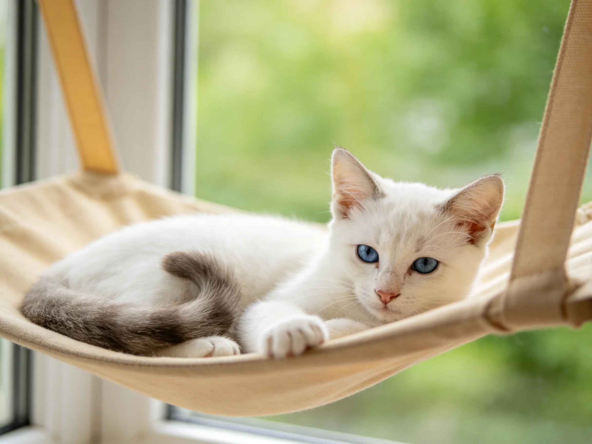A white kitten with blue eyes relaxes in a hammock by a sunlit window.