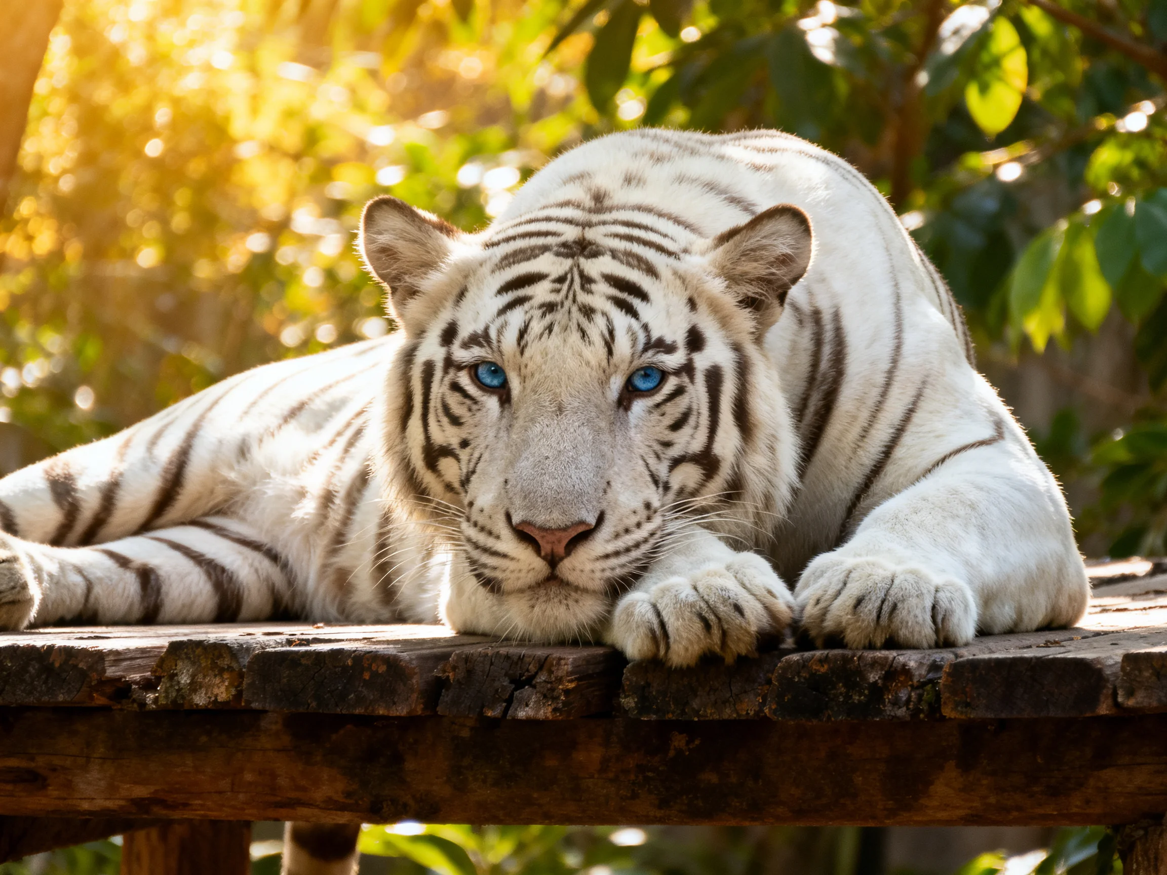 A white tiger relaxes on a weathered wooden platform surrounded by greenery in a sunlit area.