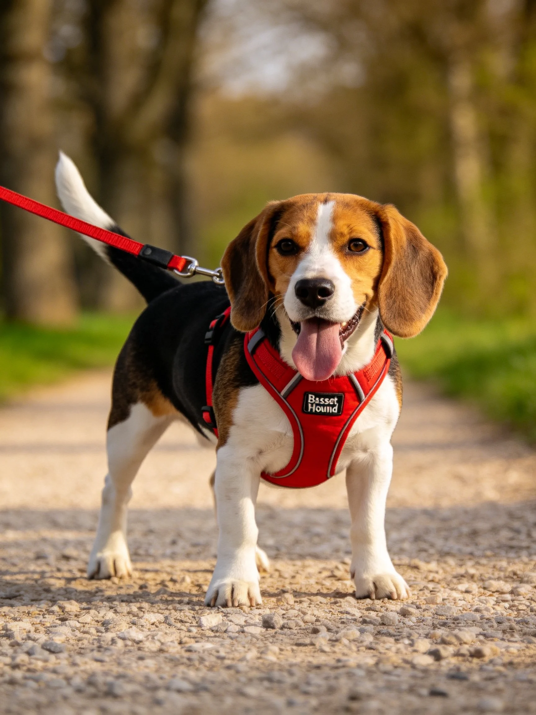 A Basset Hound in a red harness on a gravel path