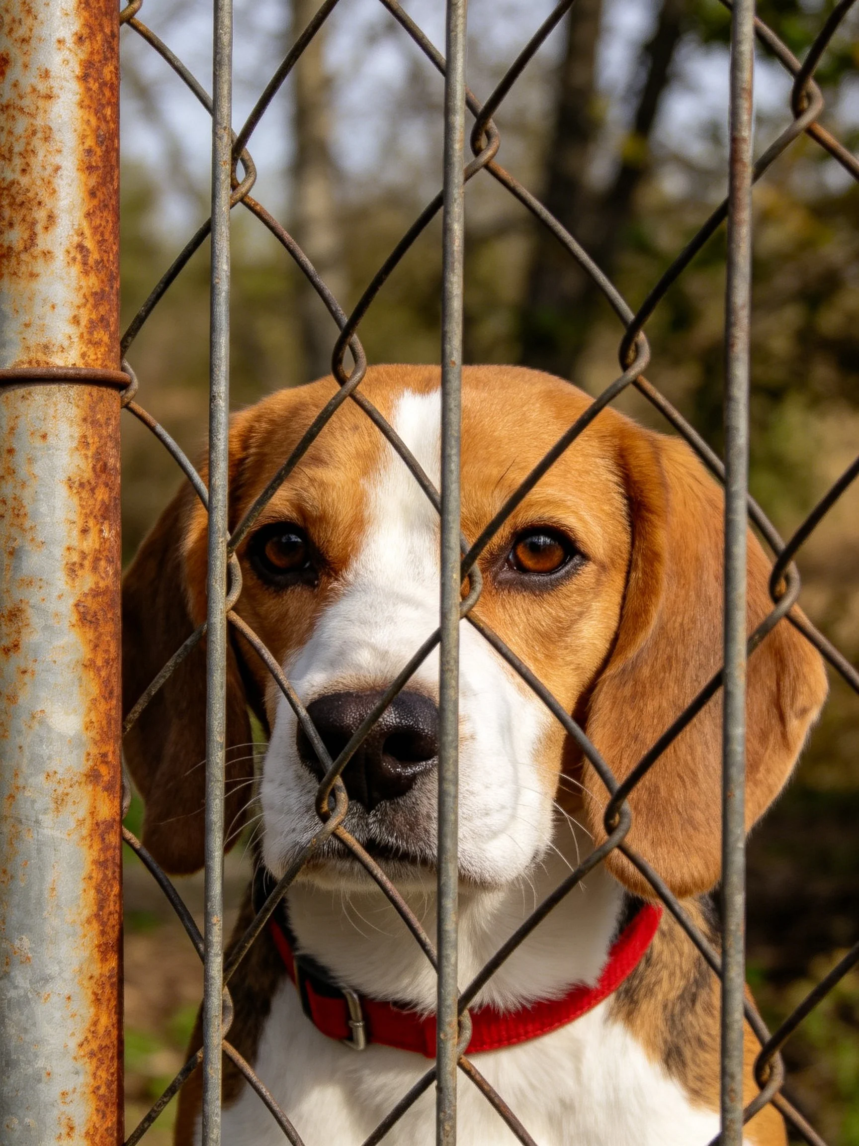 A Beagle Peering Through a Weathered Chain-Link Fence