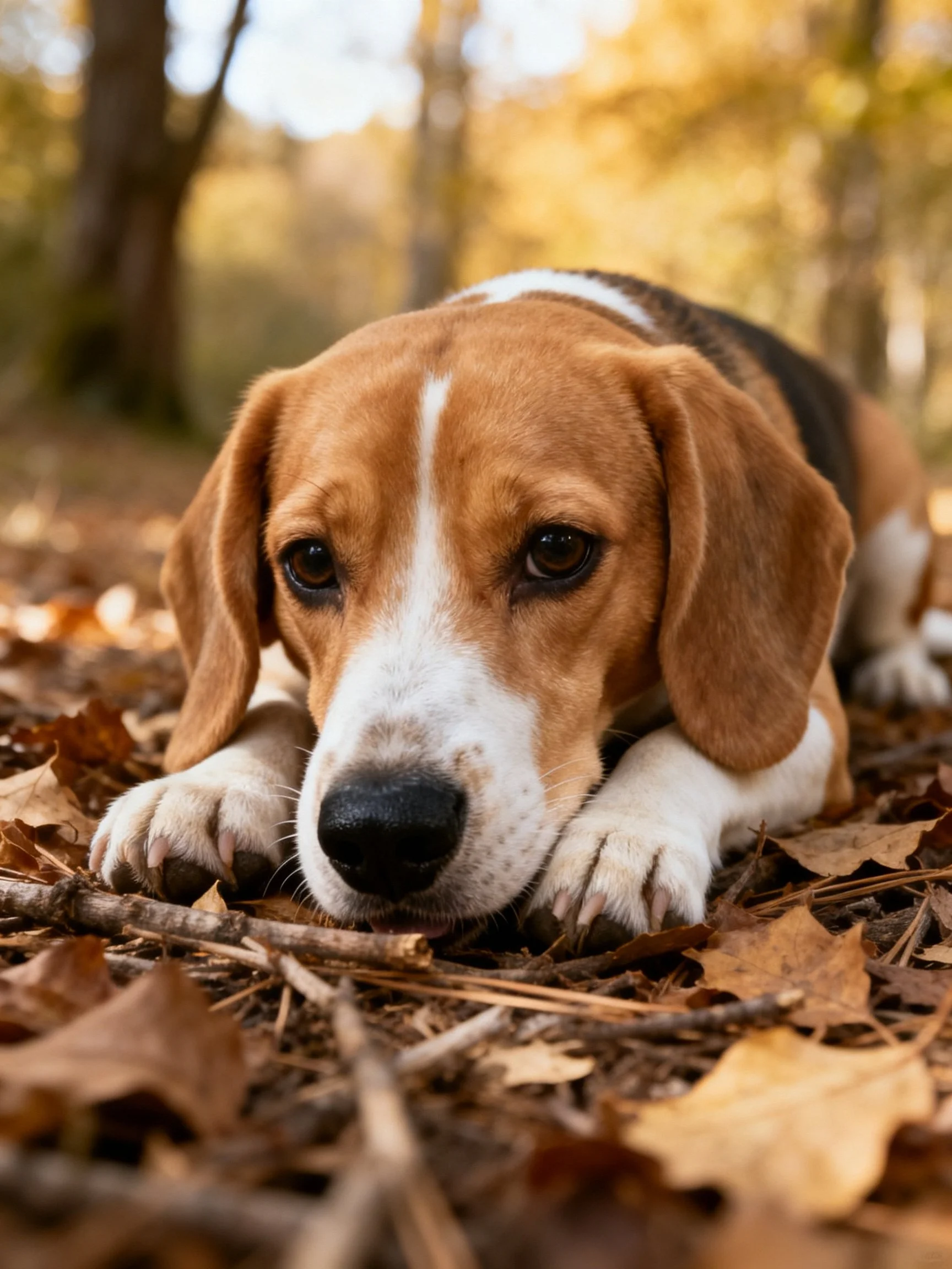 A Beagle Resting Among Autumn Leaves and Twigs