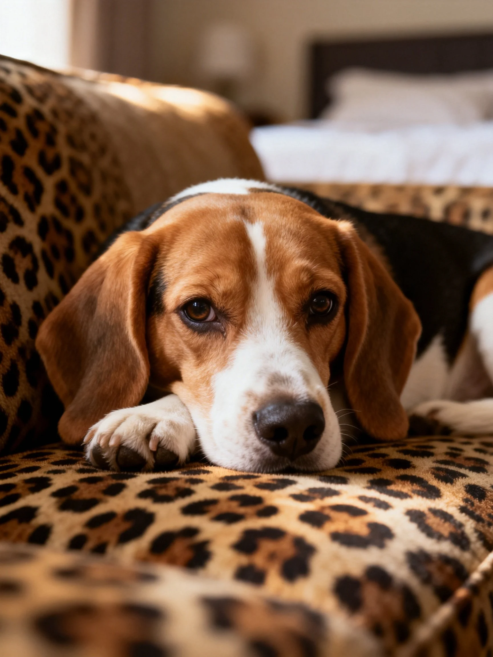 A Beagle rests on a leopard - print couch in a cozy room