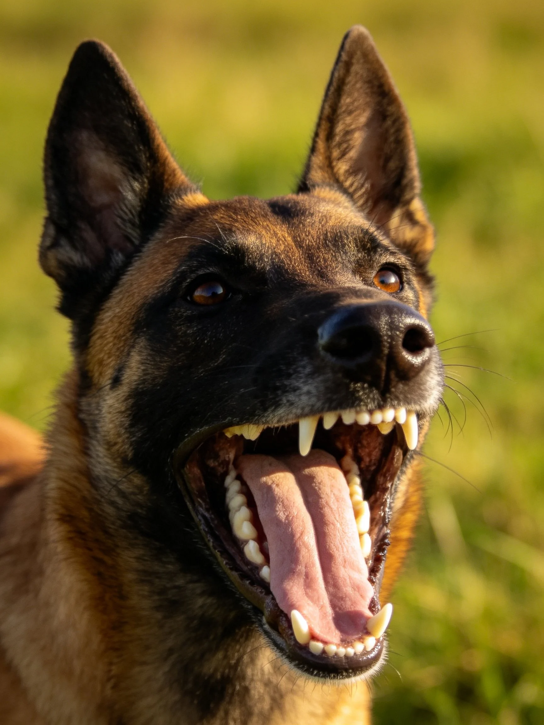 A Belgian Malinois dog displaying teeth and tongue outdoors