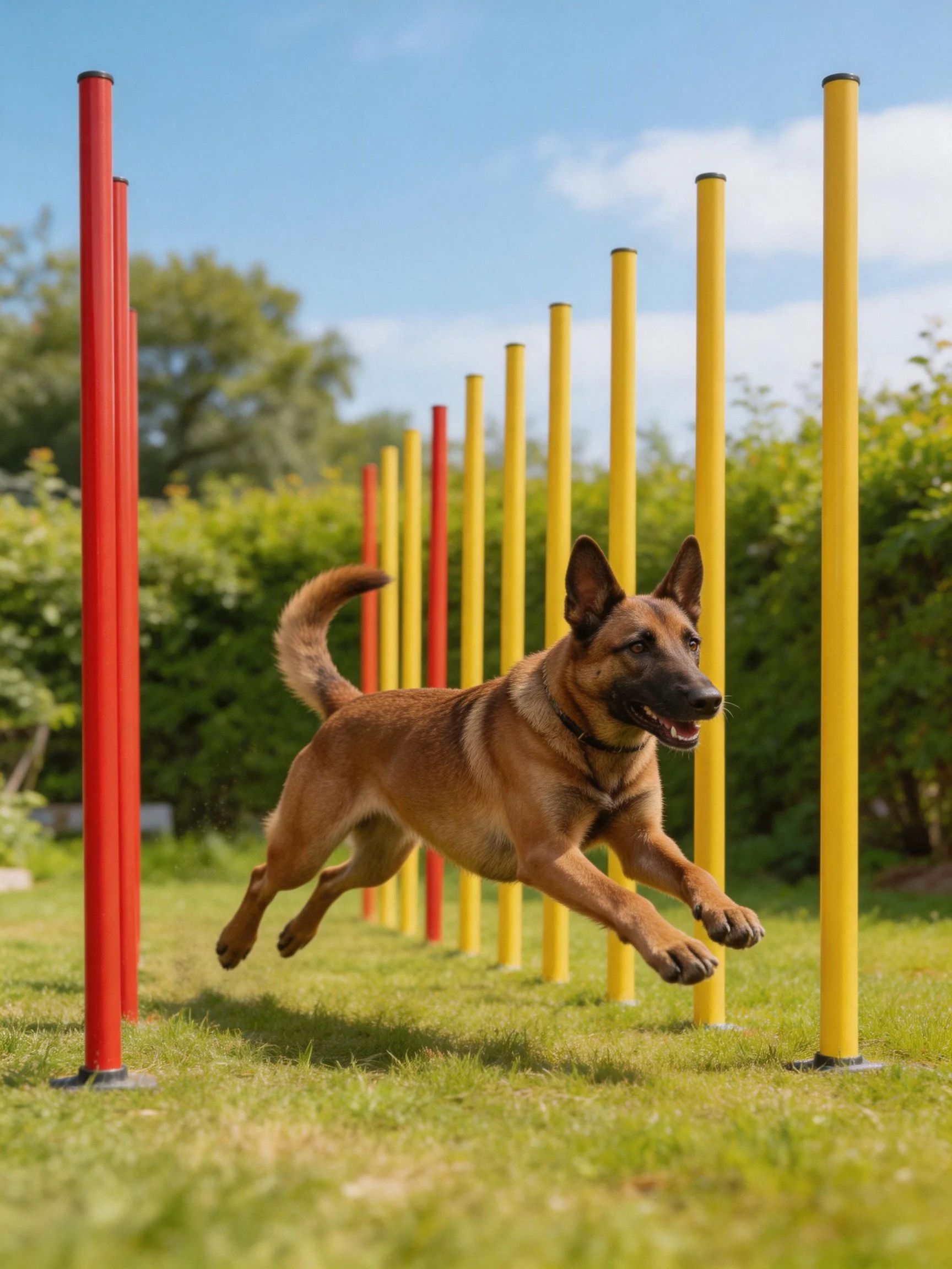 A Belgian Malinois dog jumps through red and yellow agility poles
