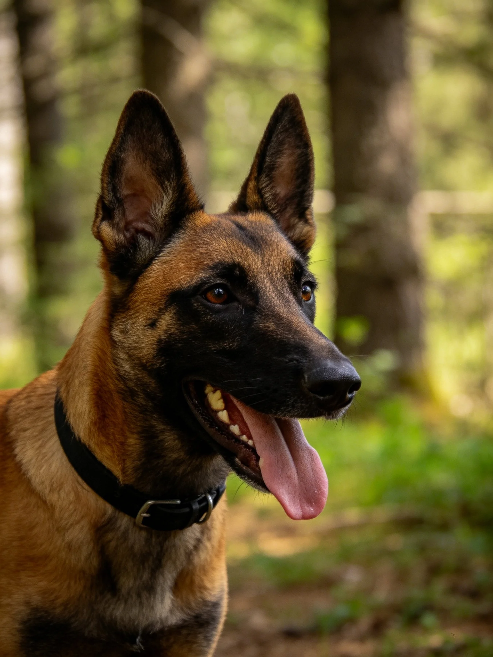A Belgian Malinois dog with brown and black fur in a forest