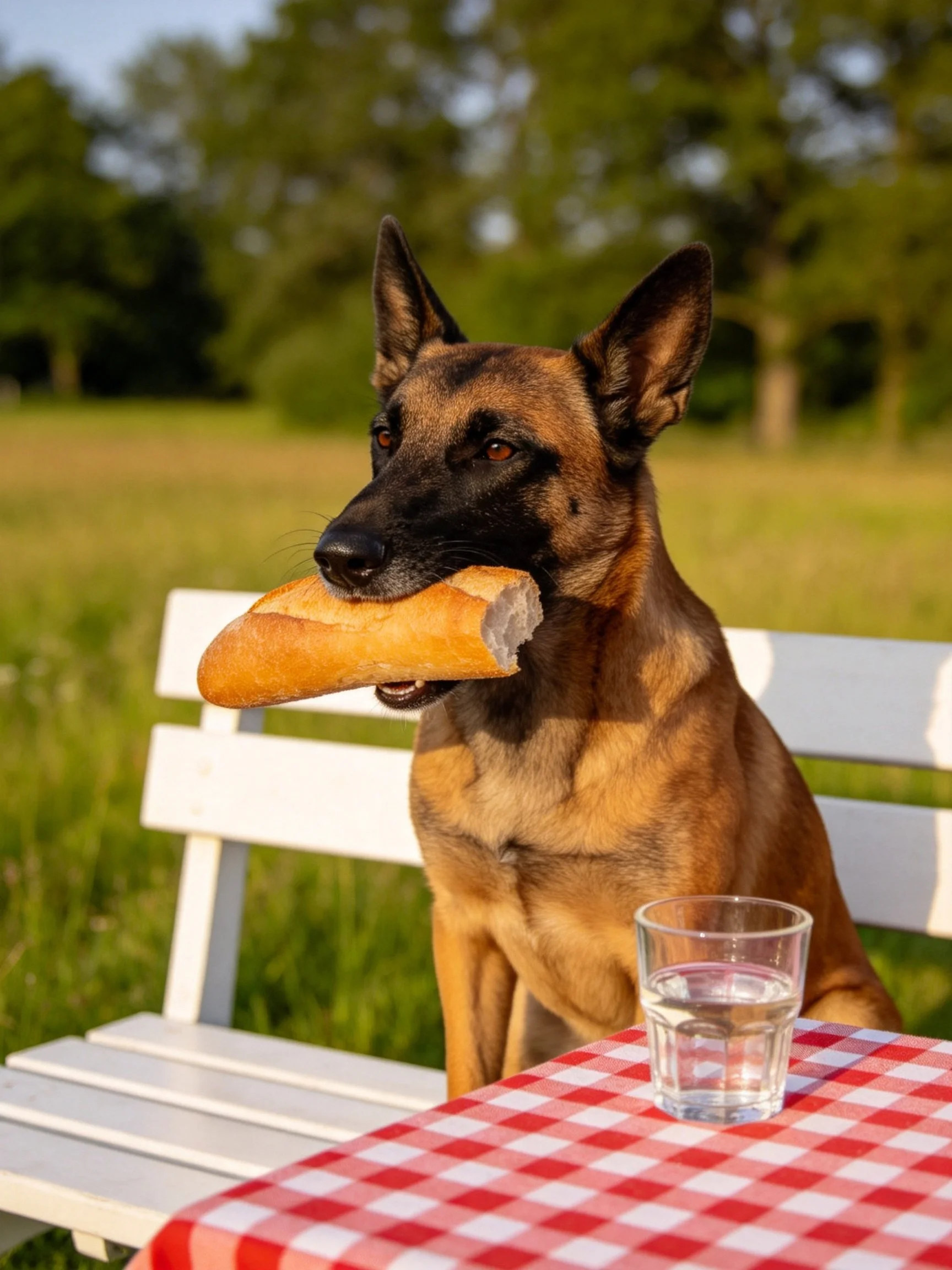 A Belgian Malinois holding a baguette near a white bench