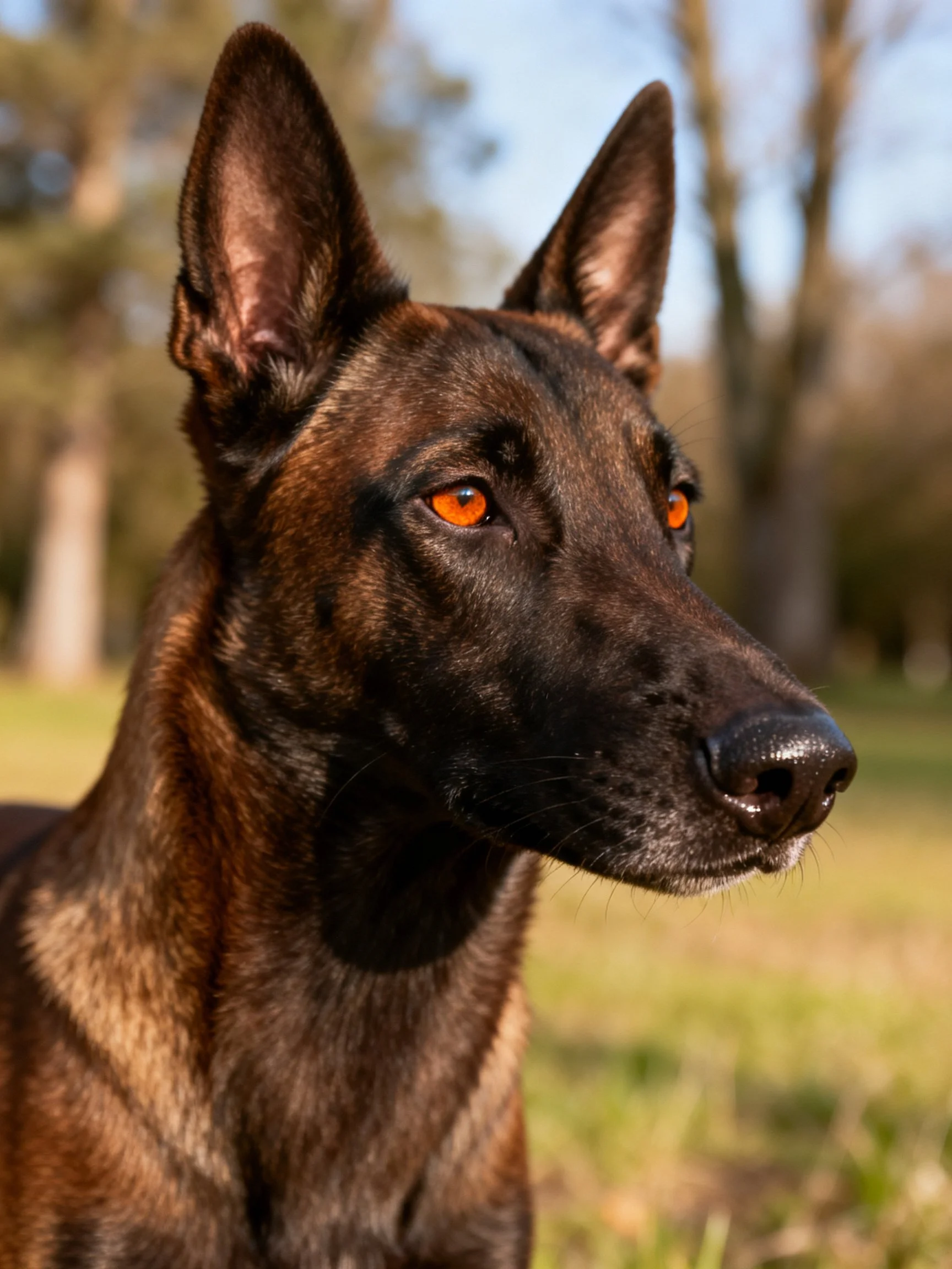 A Belgian Malinois with dark brown fur and striking orange eyes