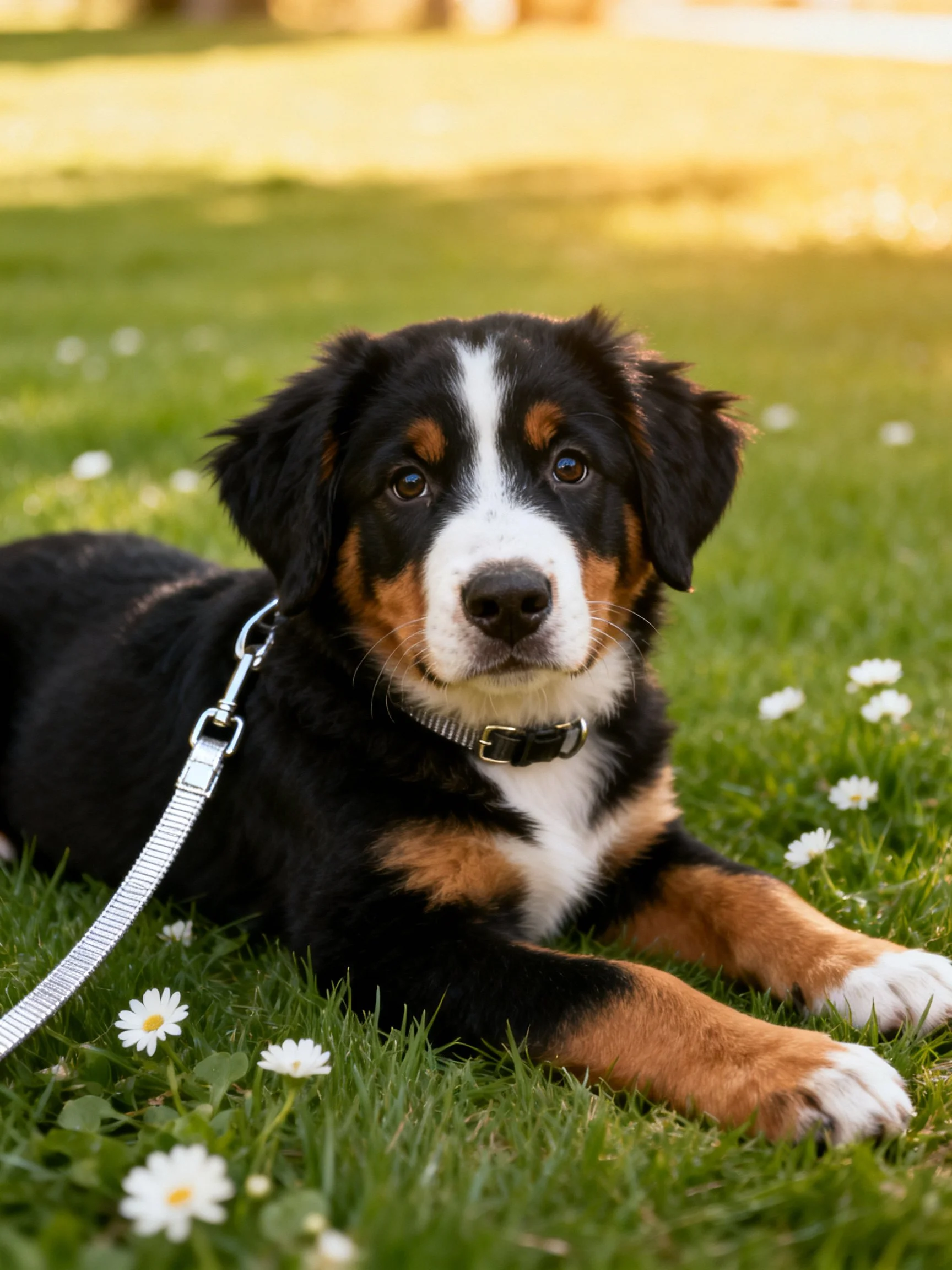 A Bernese Mountain Dog Puppy Resting on Green Grass with White Flowers