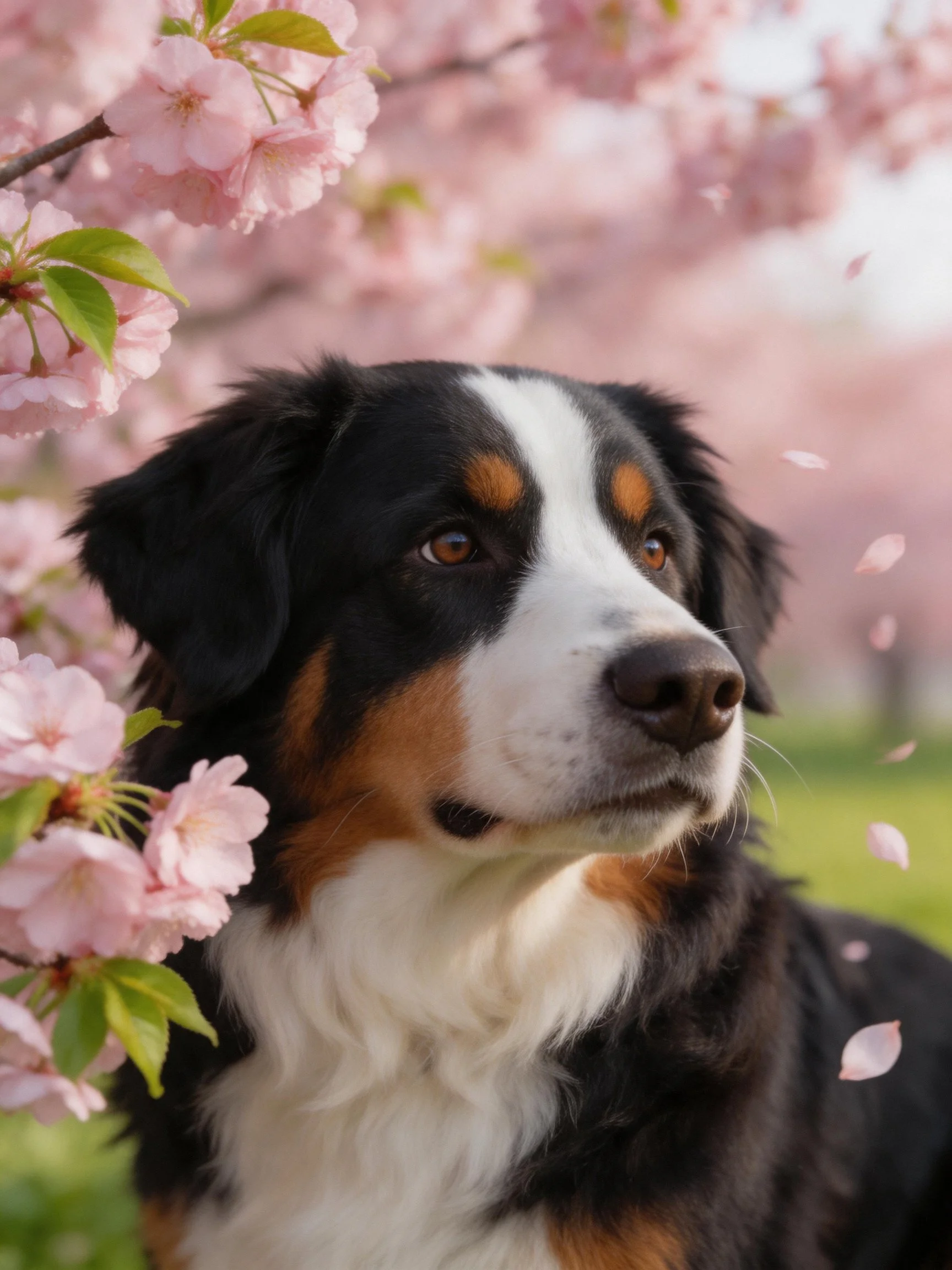 A Bernese Mountain Dog amid delicate pink cherry blossoms