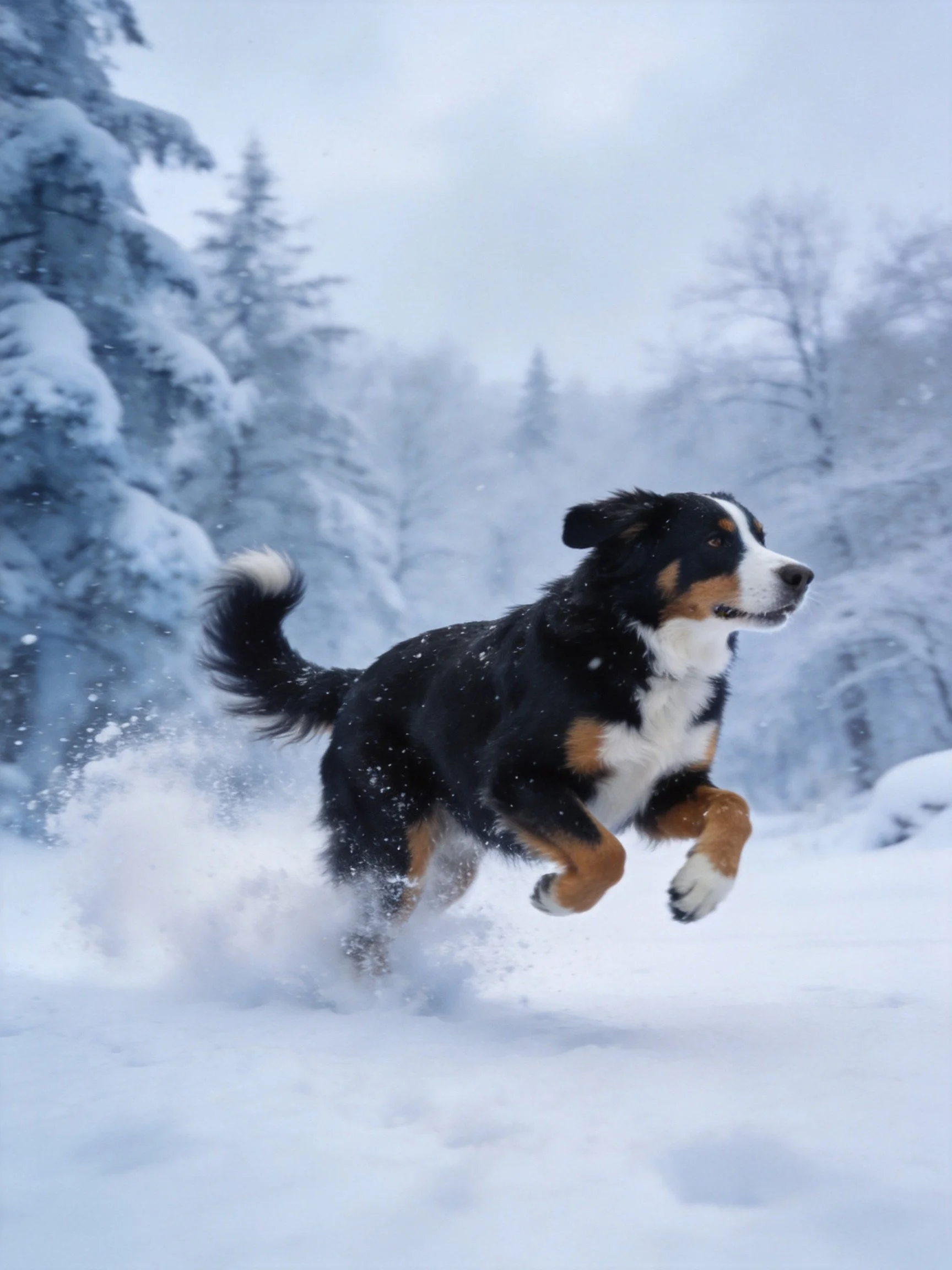 A Bernese Mountain Dog bounds through deep winter snow