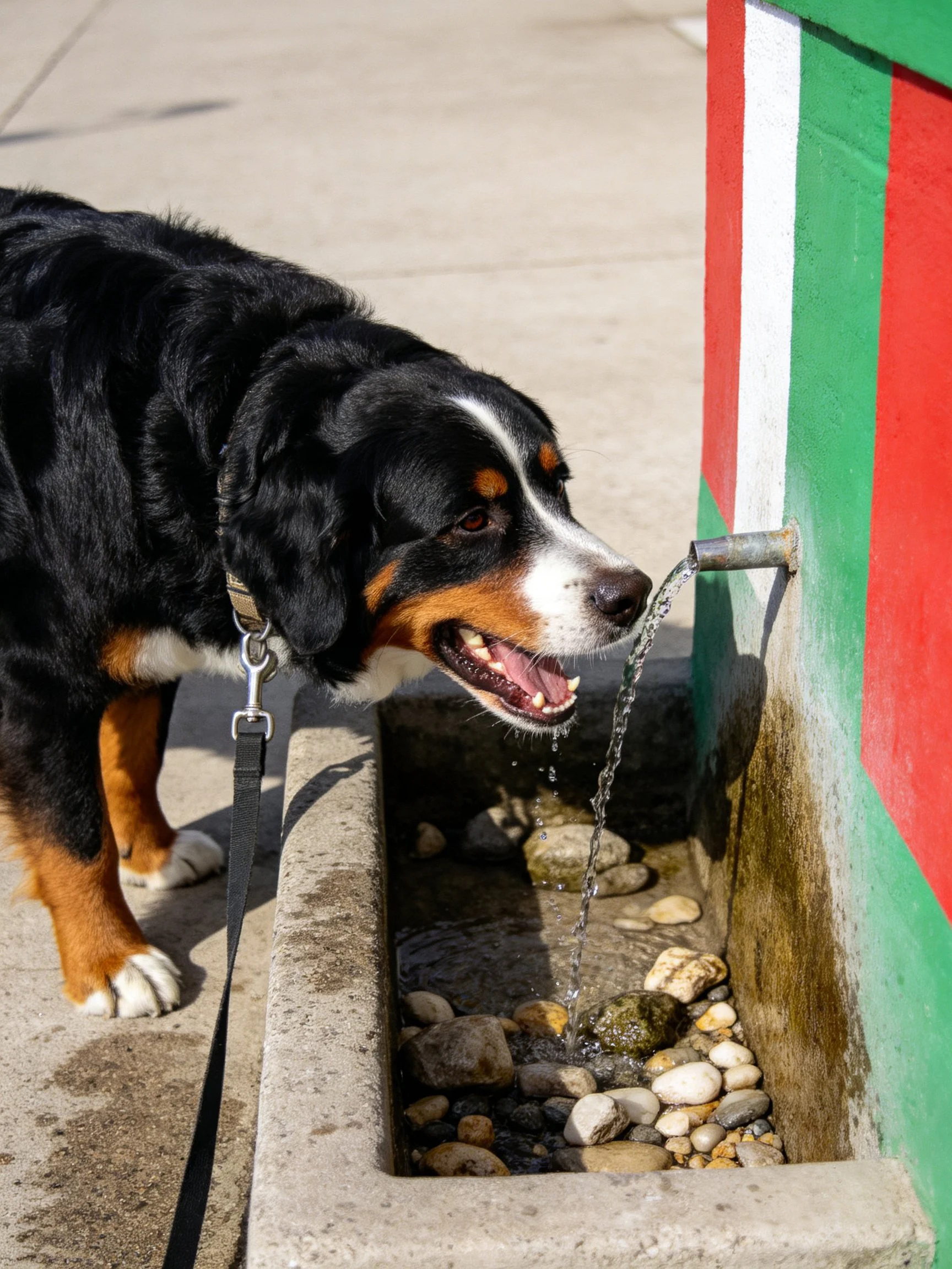 A Bernese Mountain Dog drinks from a fountain with red, green, and white panels.
