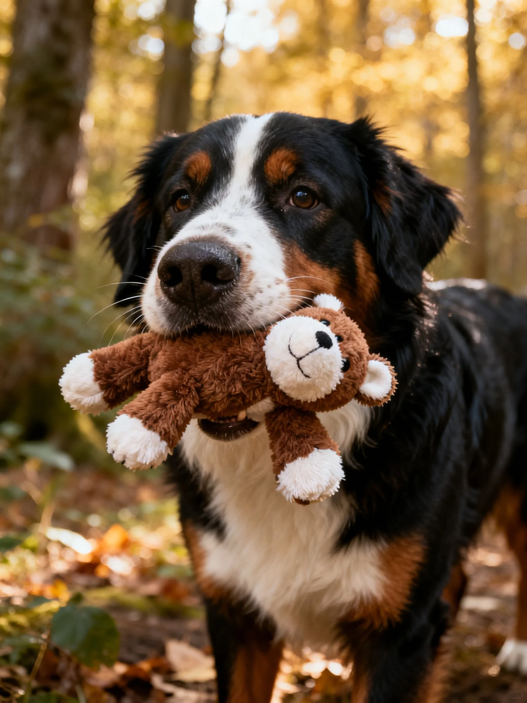 A Bernese Mountain Dog holds a brown stuffed monkey toy in an autumn forest
