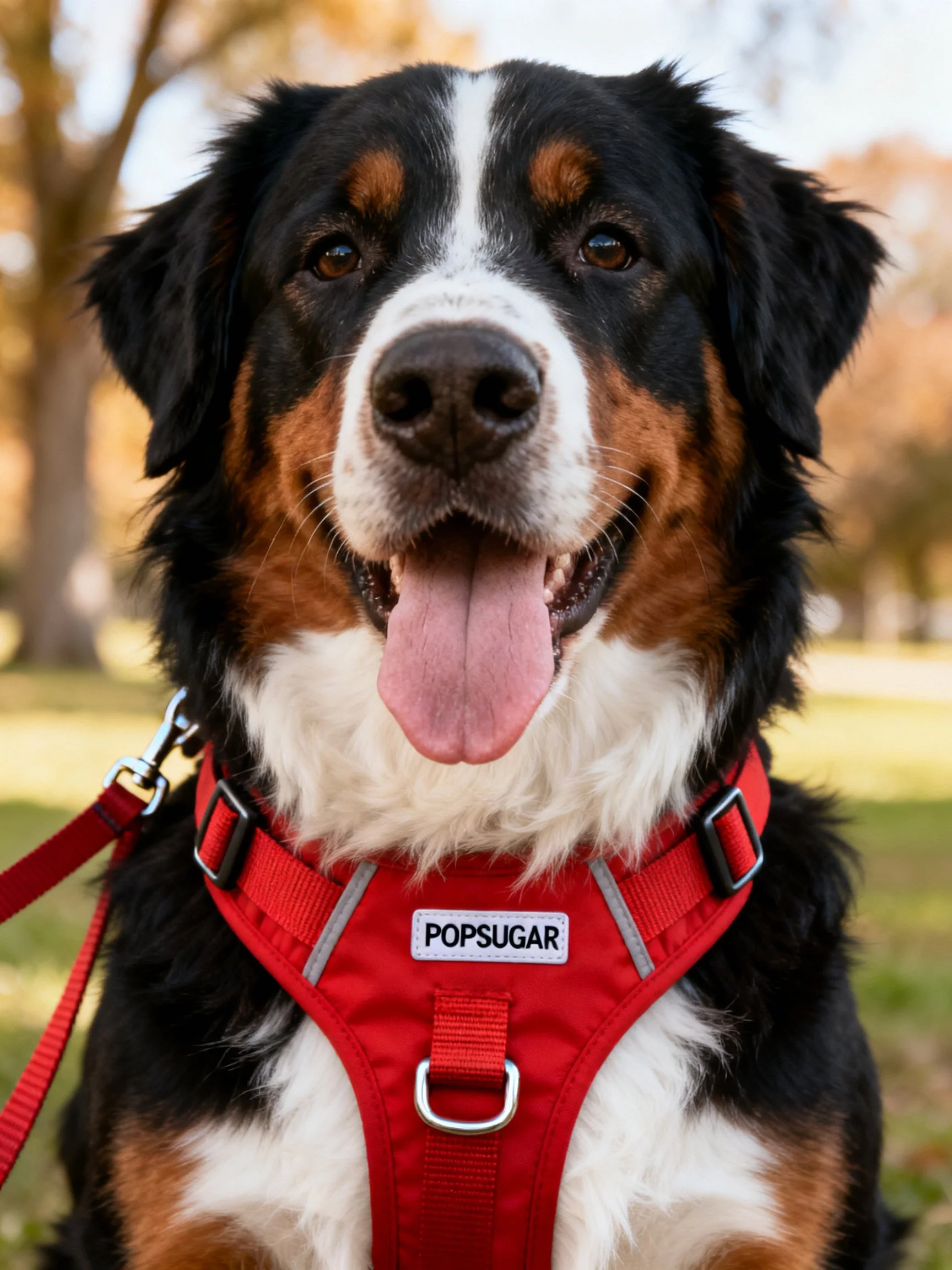 A Bernese Mountain Dog wears a red POPSUGAR harness joyfully in a sunny park.