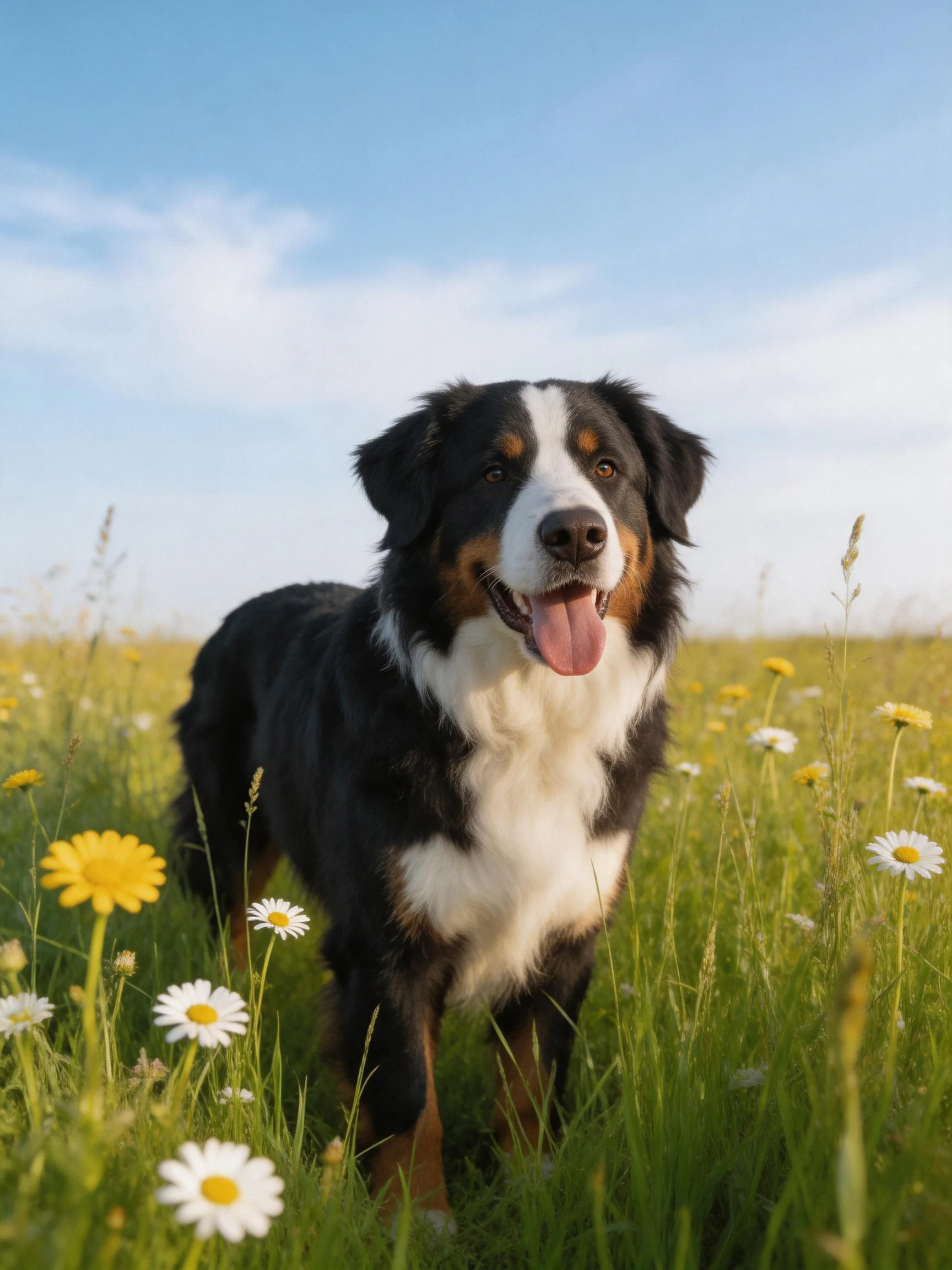 A Bernese Mountain Dog in a flower-filled green meadow