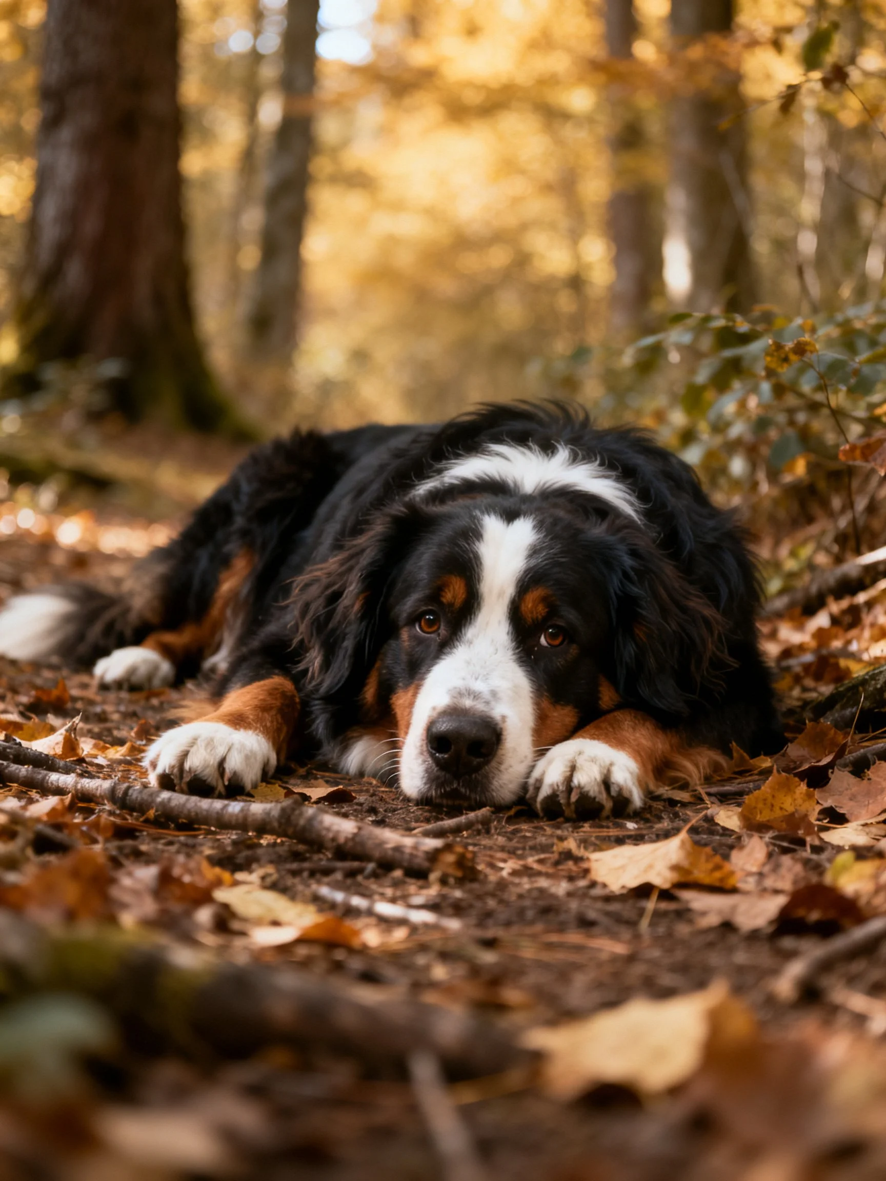 A Bernese Mountain Dog lies among fallen autumn leaves in a sun-dappled forest