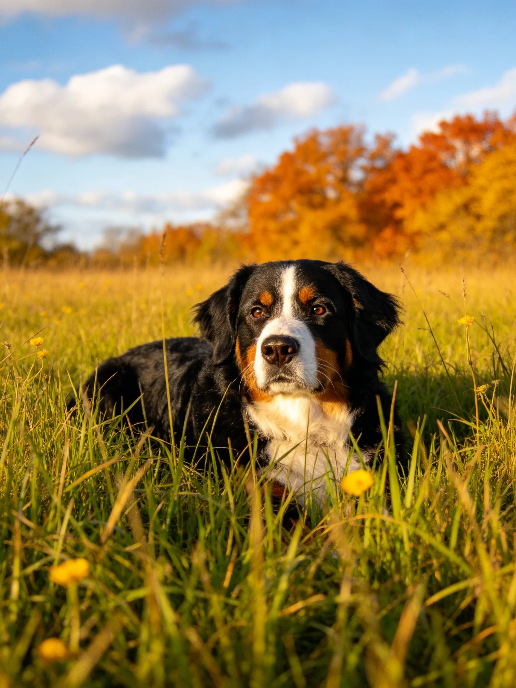 A Bernese Mountain Dog lies in golden grass near autumn foliage