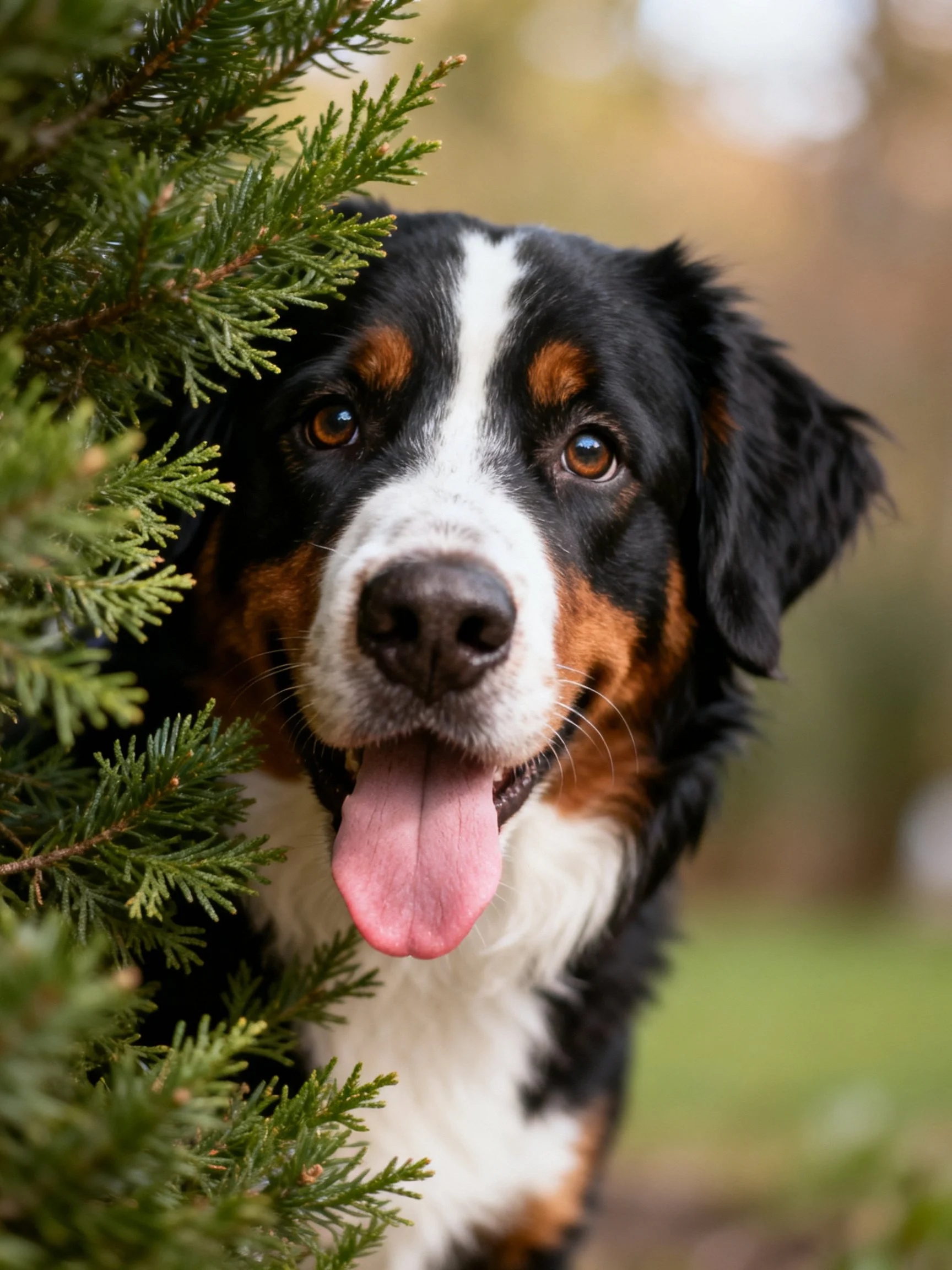 A Bernese Mountain Dog peeks from behind plants in a natural outdoor setting