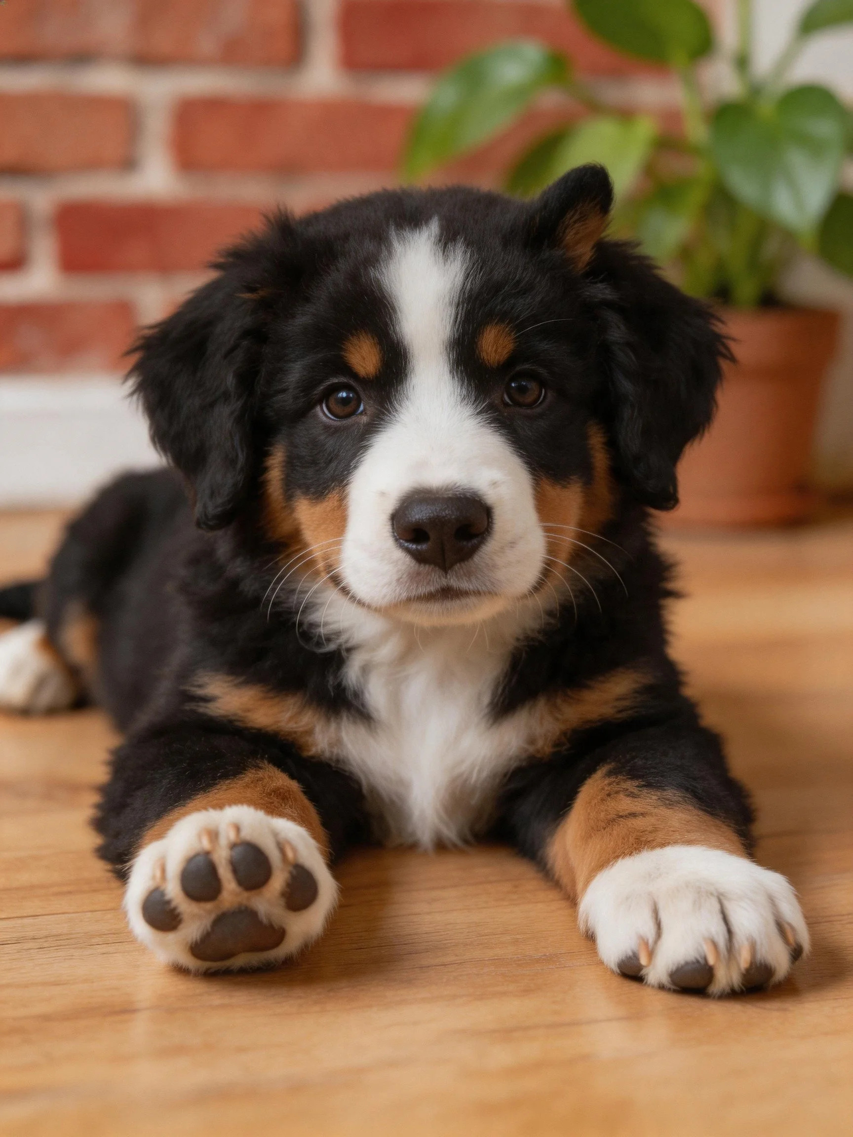 A Bernese Mountain Dog puppy resting on a wooden floor