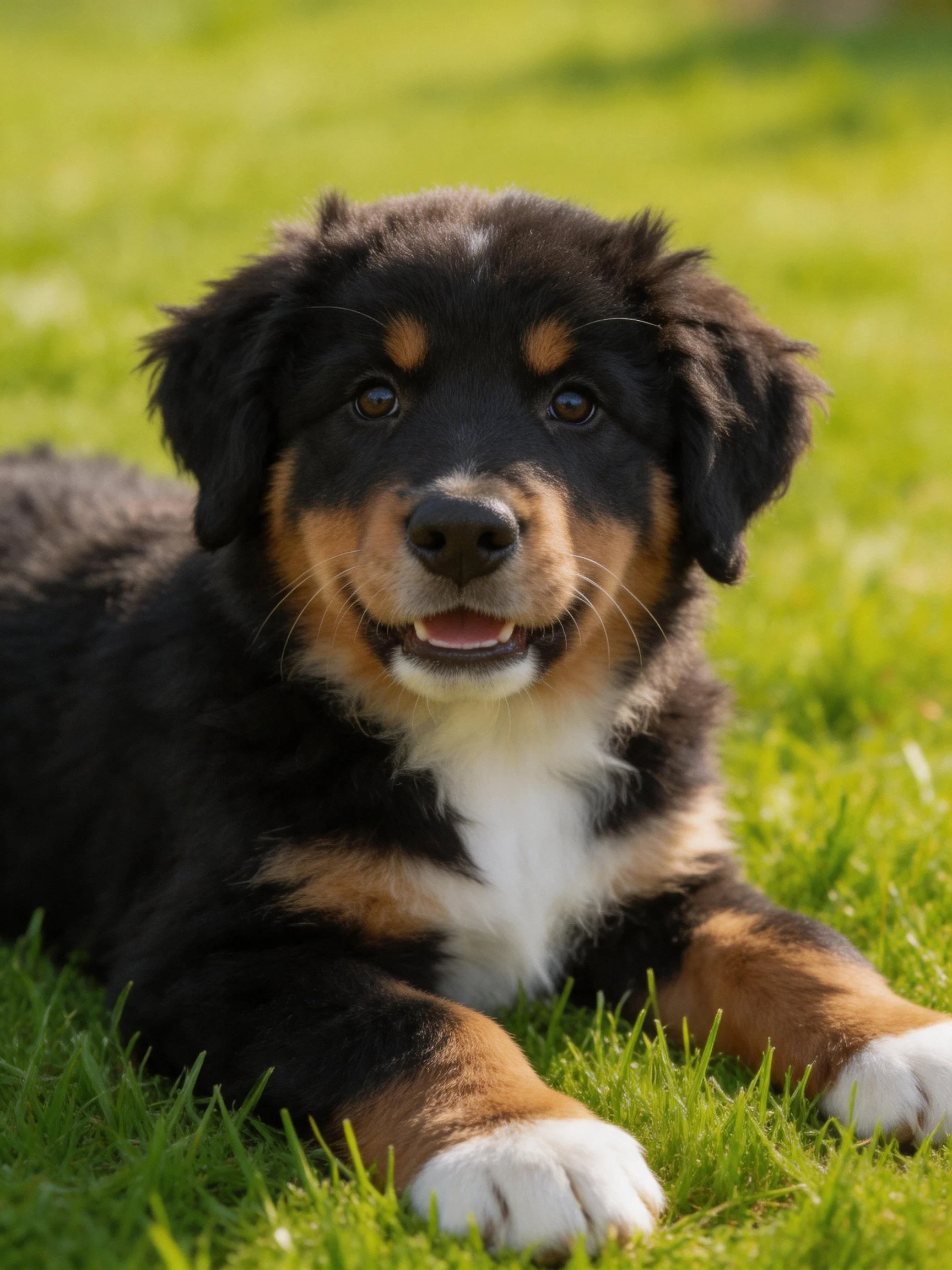 A Bernese Mountain Dog puppy relaxes on bright green grass.