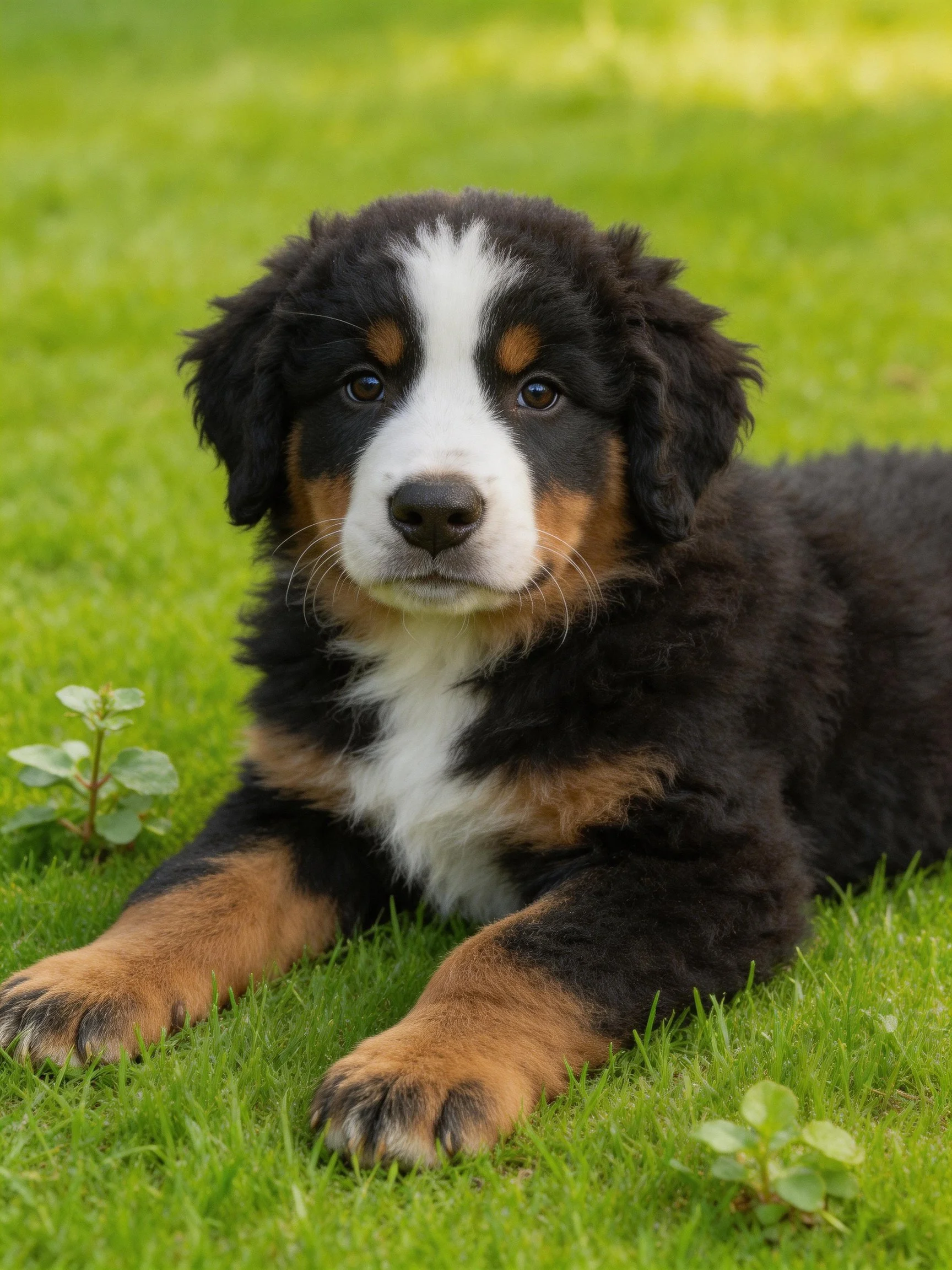 A Bernese Mountain Dog puppy resting on vibrant green grass