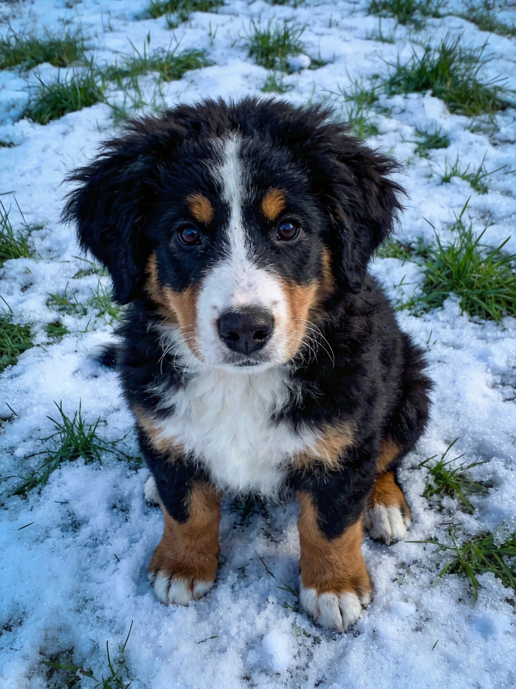 A Bernese Mountain Dog puppy with black, white, and tan fur sits on snowy ground with green grass pat