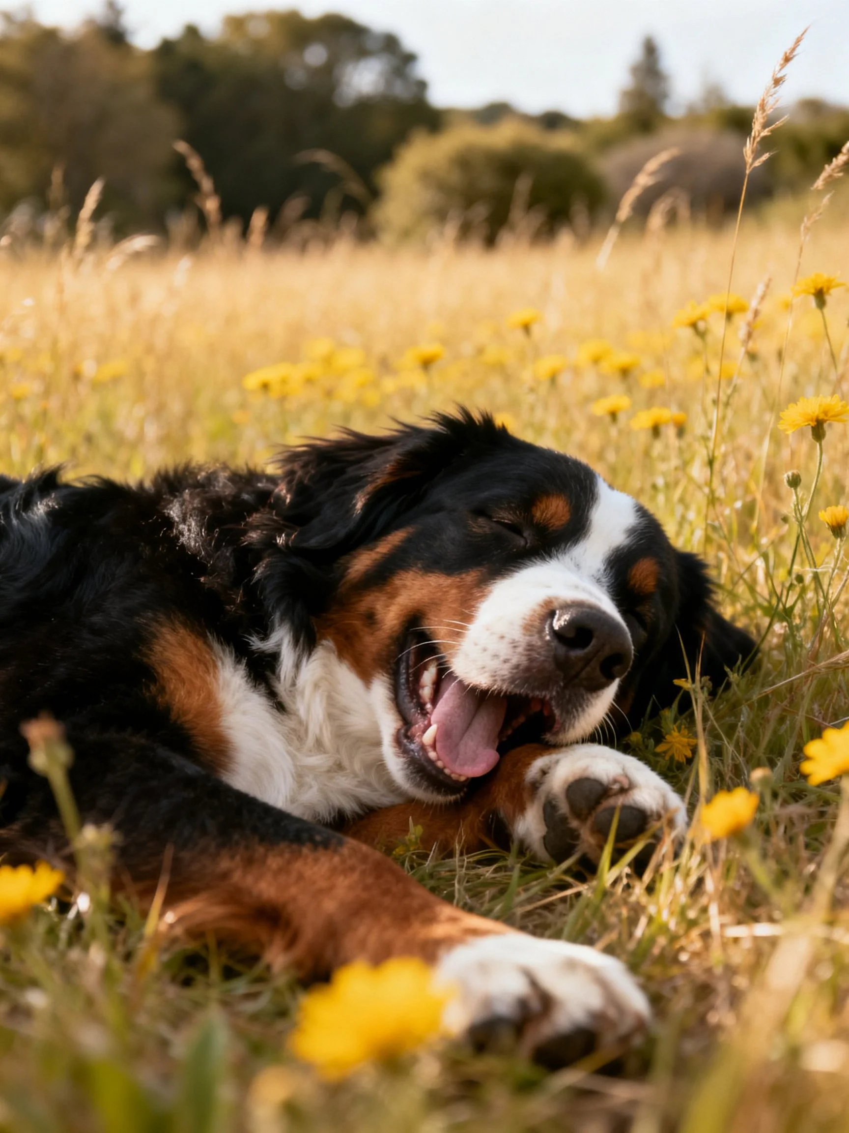 A Bernese Mountain Dog resting in a sunlit flower-filled meadow