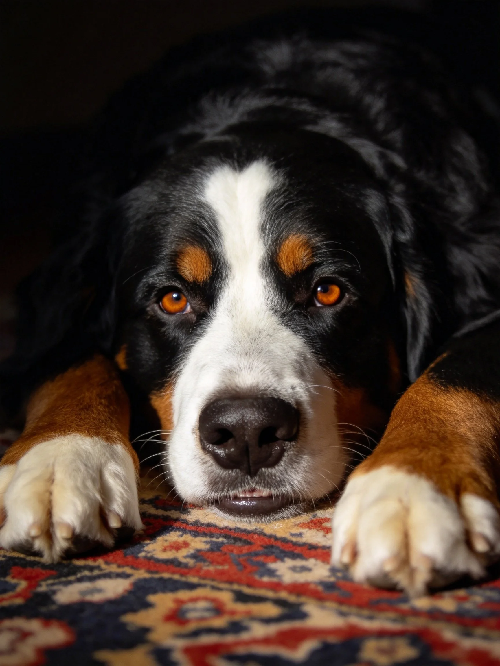 A Bernese Mountain Dog resting on a vibrant patterned rug