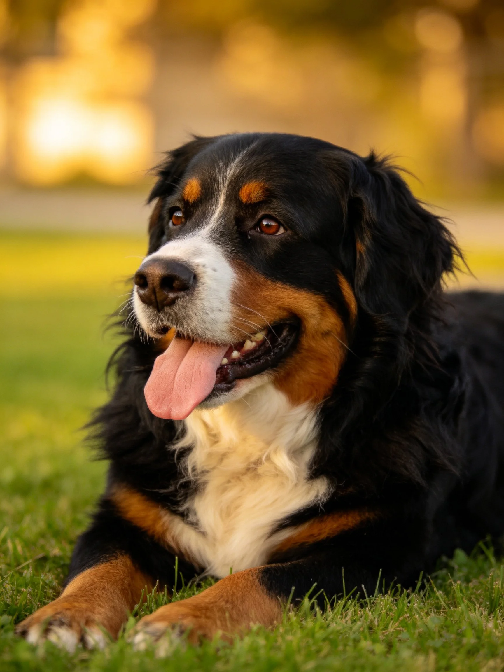 A Bernese Mountain Dog resting on lush green grass under warm golden light