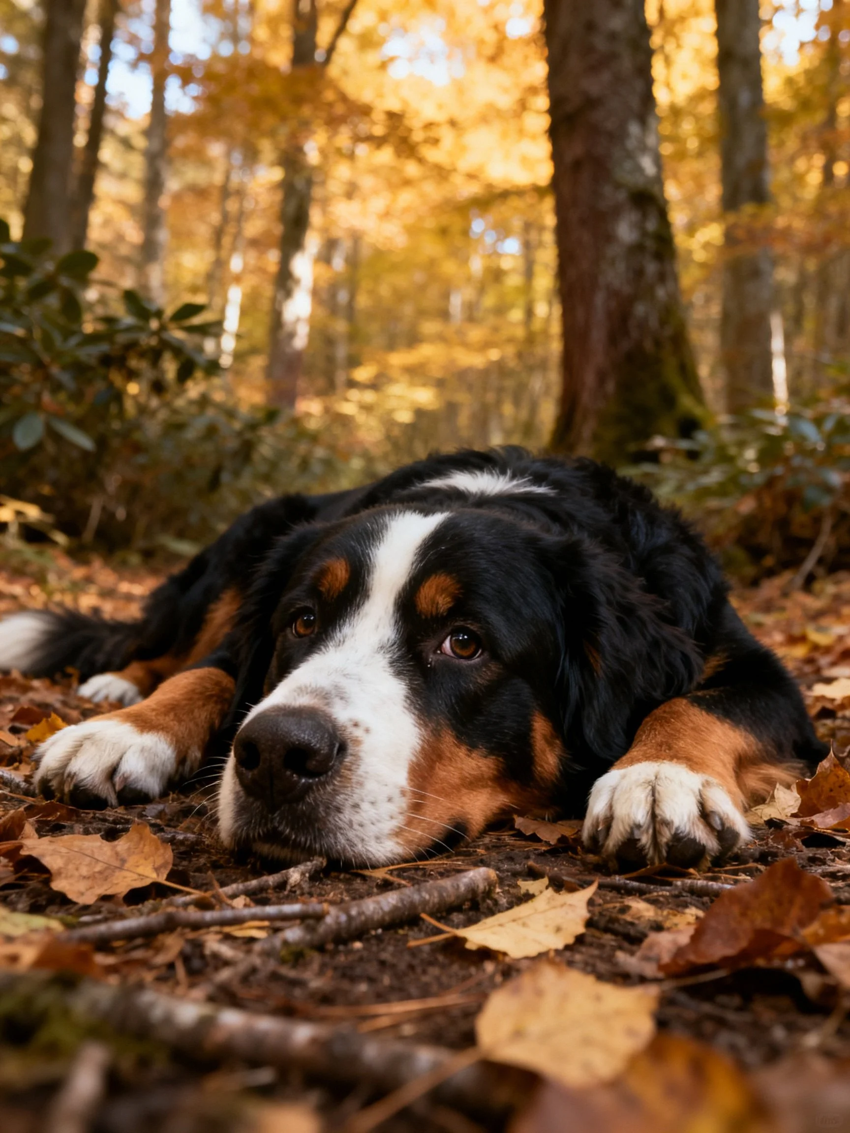 A Bernese Mountain Dog rests among autumn leaves in a sunlit forest