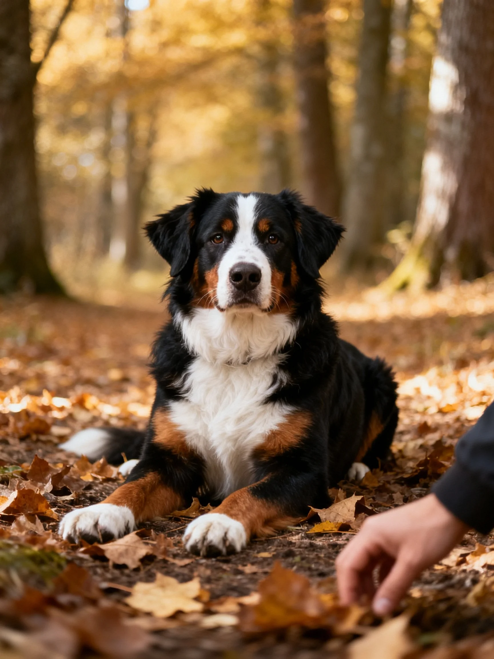 A Bernese Mountain Dog rests among golden autumn leaves in a sunlit forest