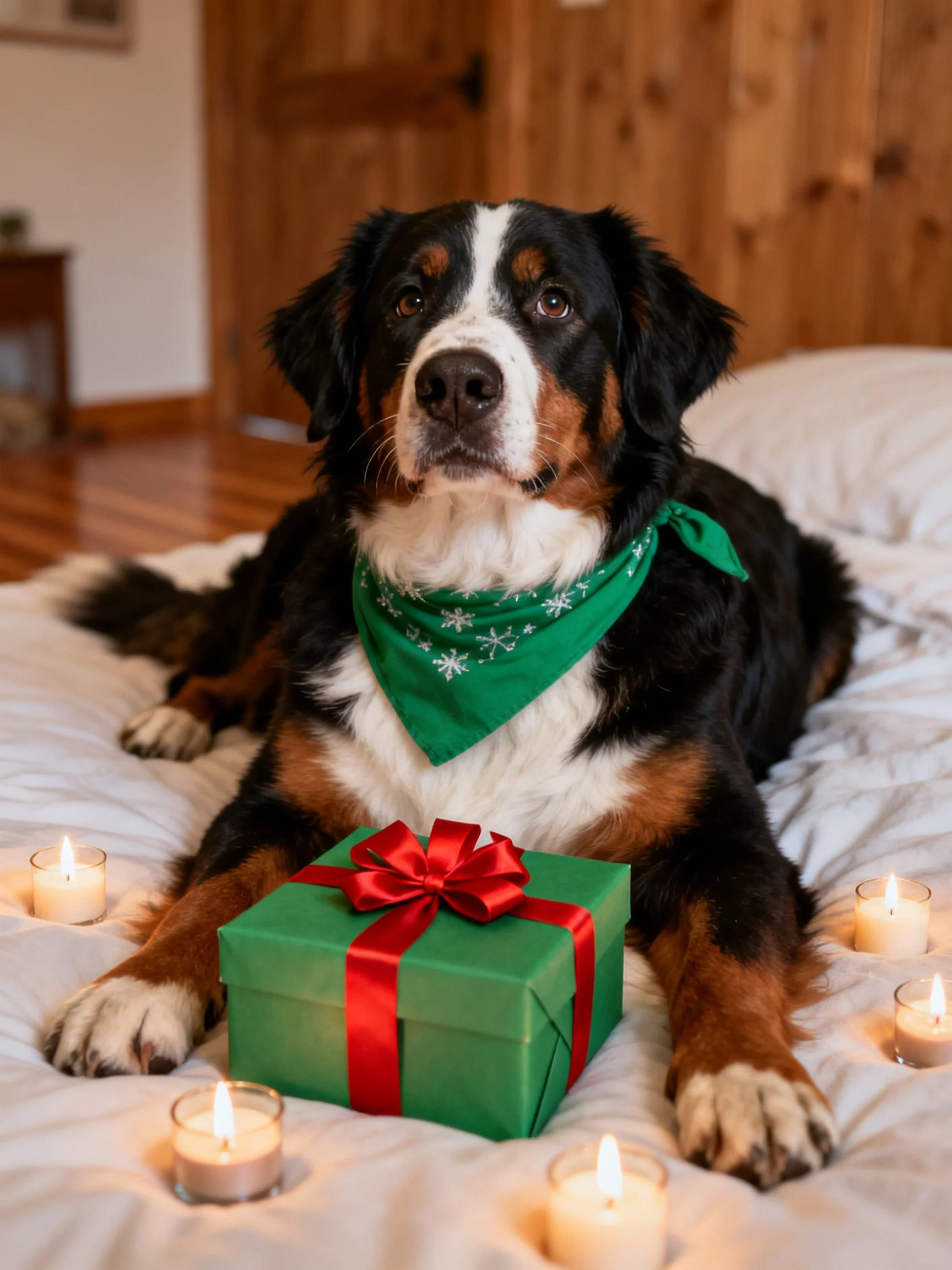 A Bernese Mountain Dog rests beside a green gift box with red ribbon among lit candles