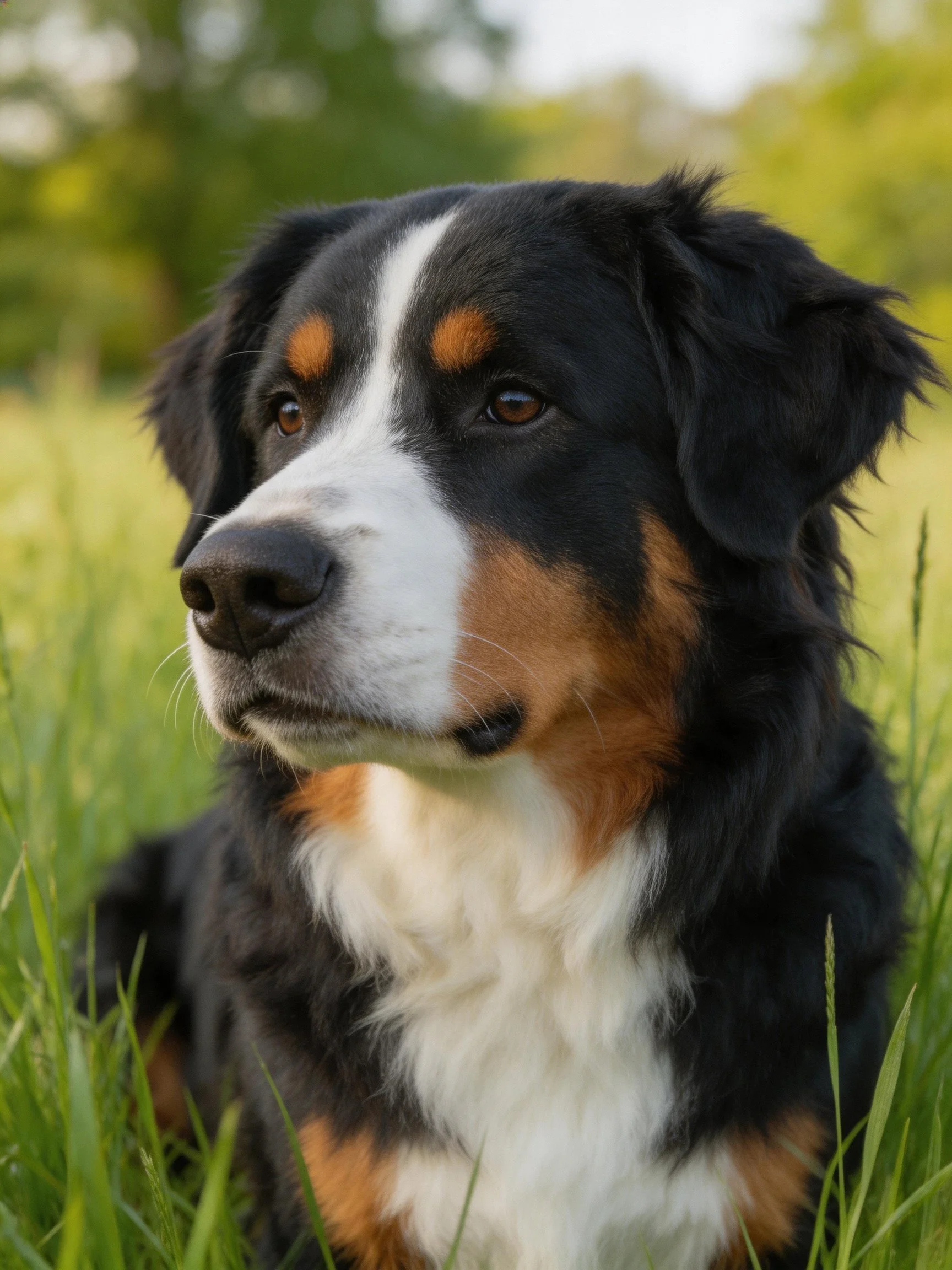A Bernese Mountain Dog rests in lush green grass
