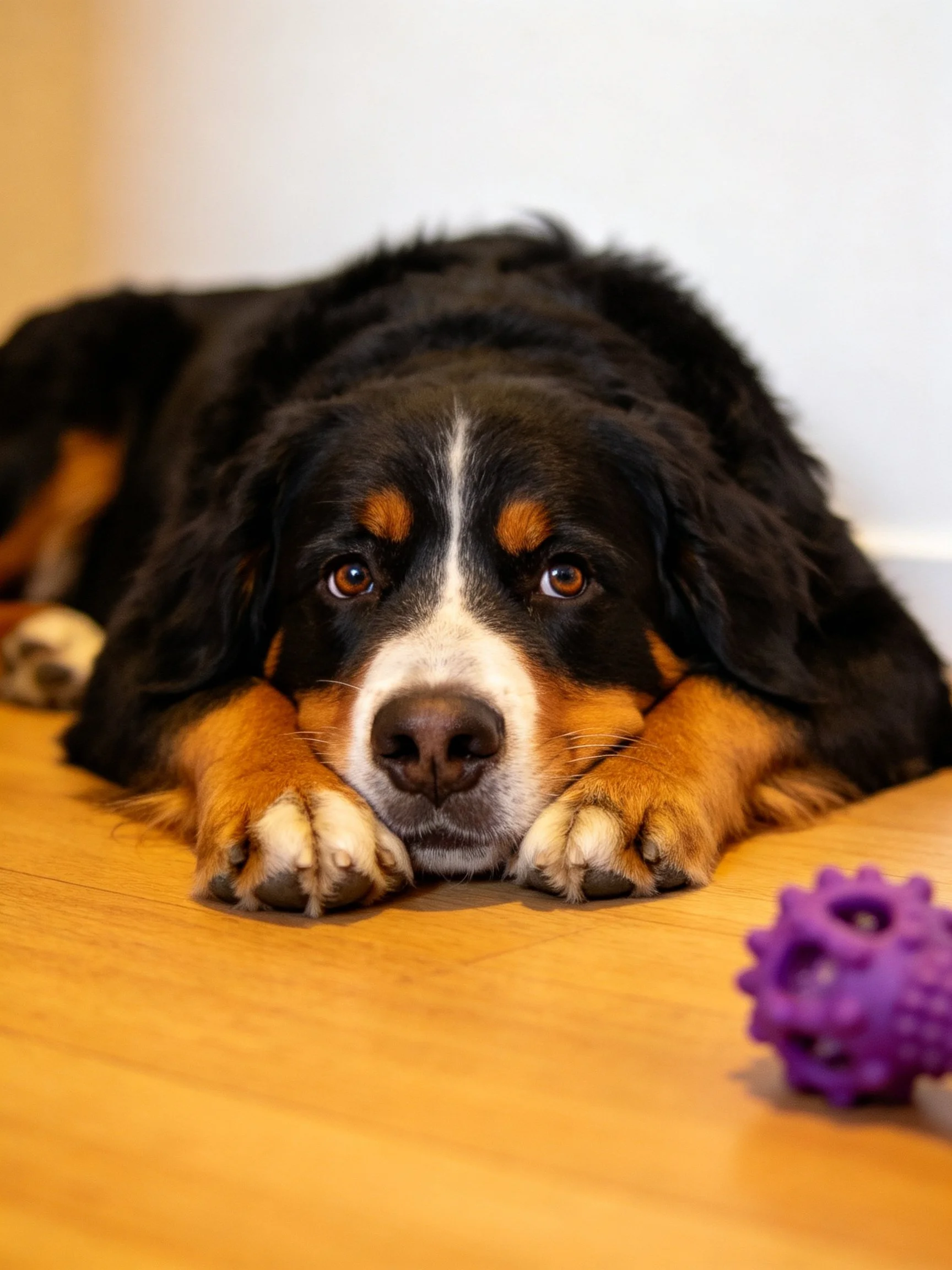A Bernese Mountain Dog rests near a purple spiky toy on wooden flooring