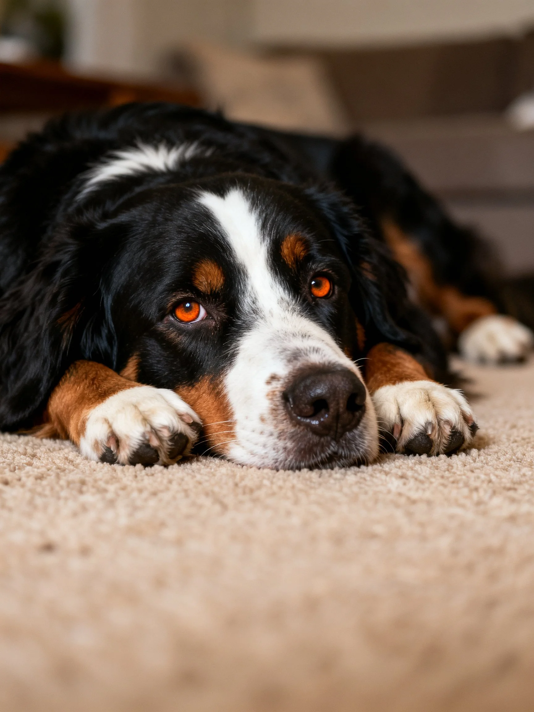 A Bernese Mountain Dog rests on a beige carpet with black, white, and brown fur