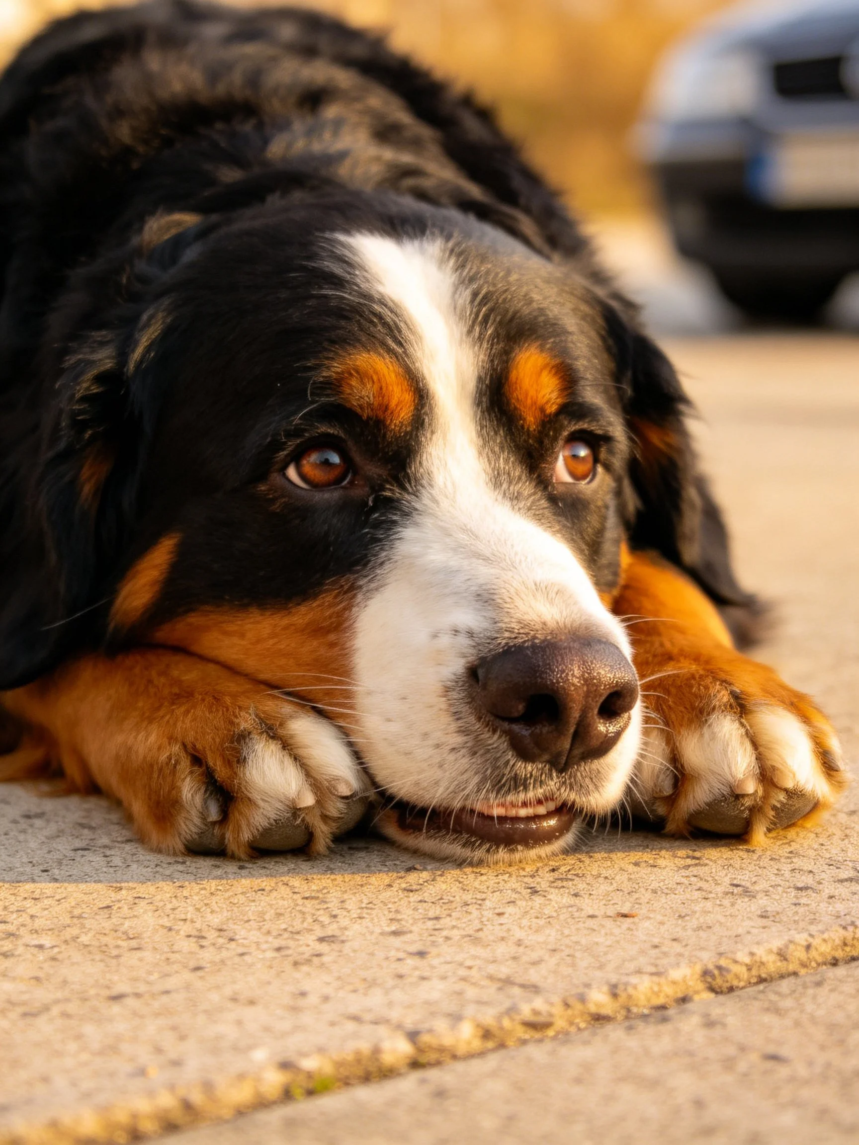 A Bernese Mountain Dog rests on a sunlit paved surface