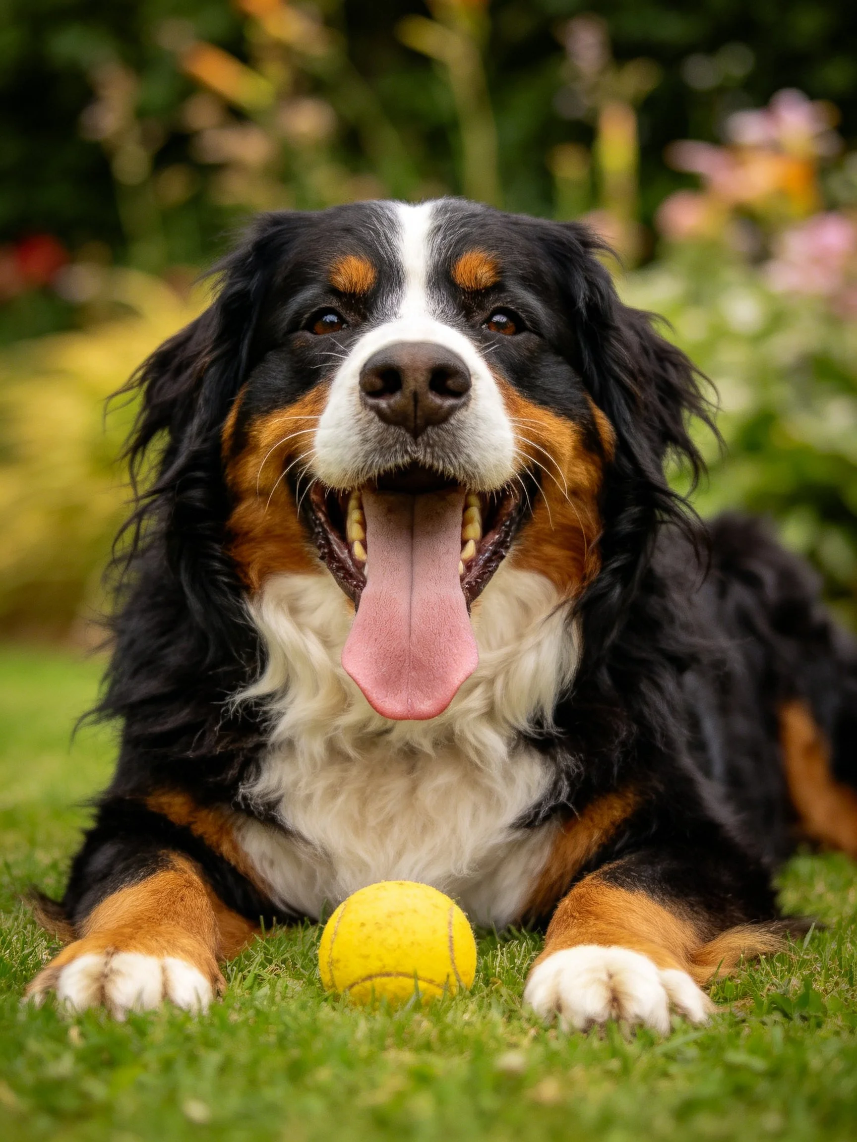 A Bernese Mountain Dog rests on grass near a yellow tennis ball
