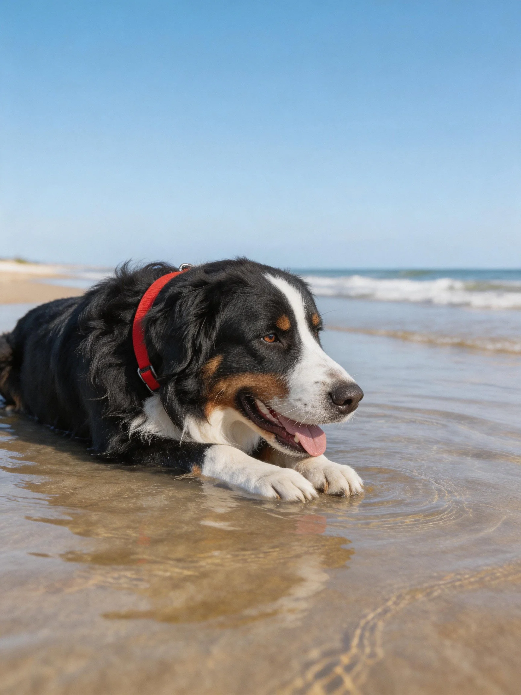 A Bernese Mountain Dog rests on wet sandy beach shoreline